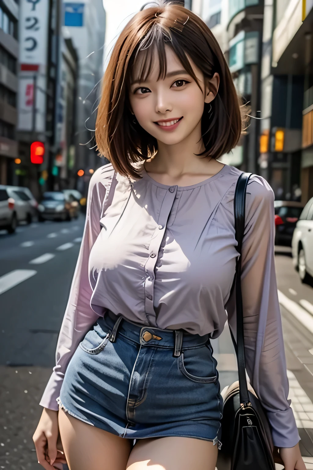 (Photoreal:1.4), (Super detailed), (highest quality), (best shadow), (masterpiece), ultra high resolution, 1 female, beautiful ripe year, bob hair, (light purple fancy blouse), (red tight mini skirt), light pink panties, (big breasts), smile, written boundary depth, perfect lighting, With background: (Tokyo Ginza street)