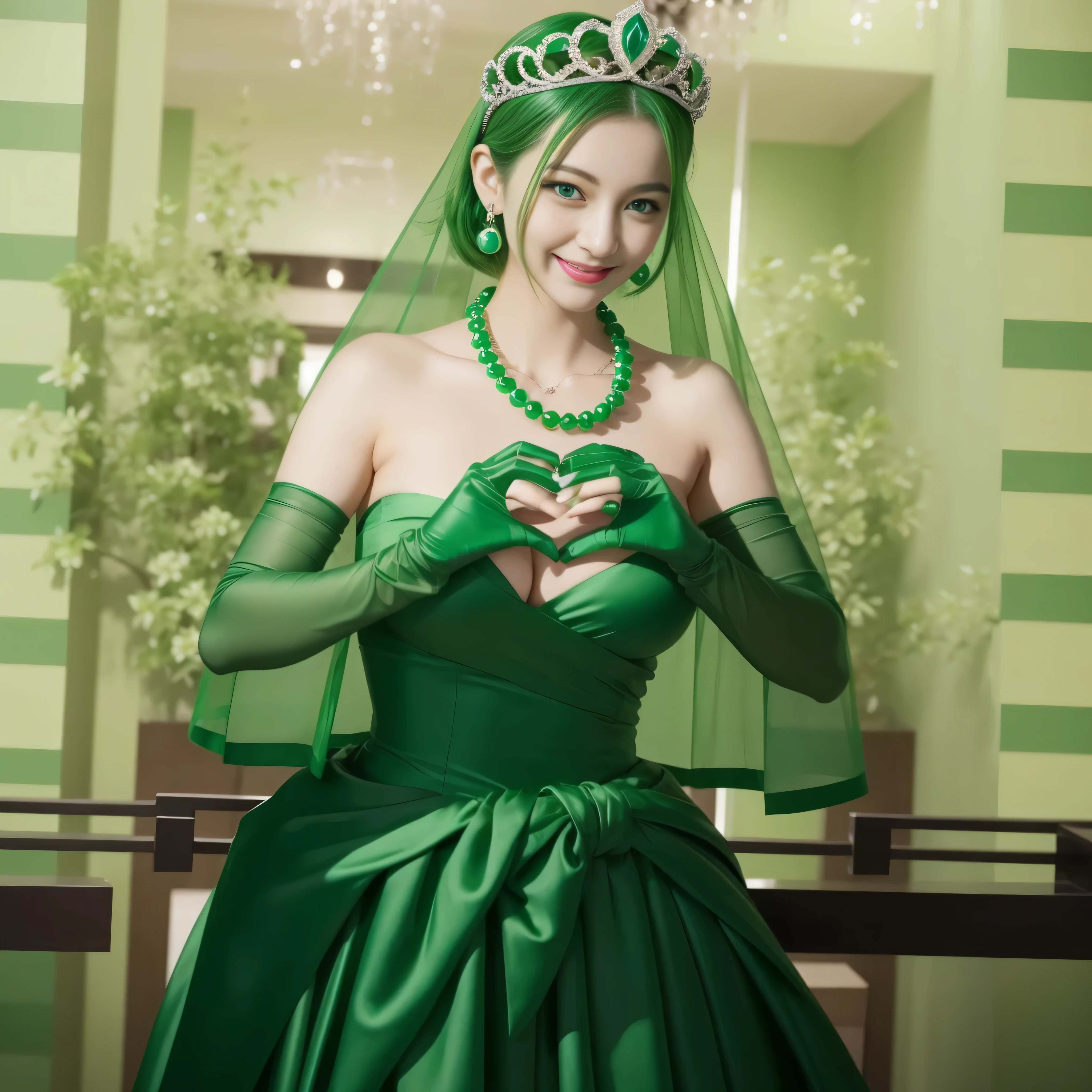 emerald tiara, Green Pearl Necklace, ボーイッシュな非常に短いgreen hair, green lips, Woman in her 30s Japan smiling, very short hair,  Beautiful woman with big breasts, green eyes, green satin long gloves, green eyes, emerald earrings, Green veil, Heart with both hands, green hair, beautiful japanese woman, heart shaped hands:1.3, green lip gloss