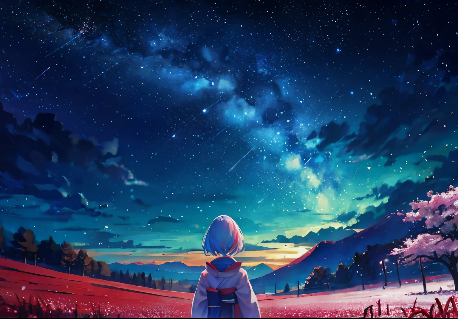 1girl in、Distant girl in kimono looking at the stars、(Widescreen 16x9)(Meteor swarm:1.2)、(comets:1.1)、Her name、low angles、backs、Northern Alola、shooting stars、bathrobe、kimono red、cherry trees、Standing in the field、top-quality、masterpiece、cloud、colourfull、stele、stele、Light blue shiny colored hair