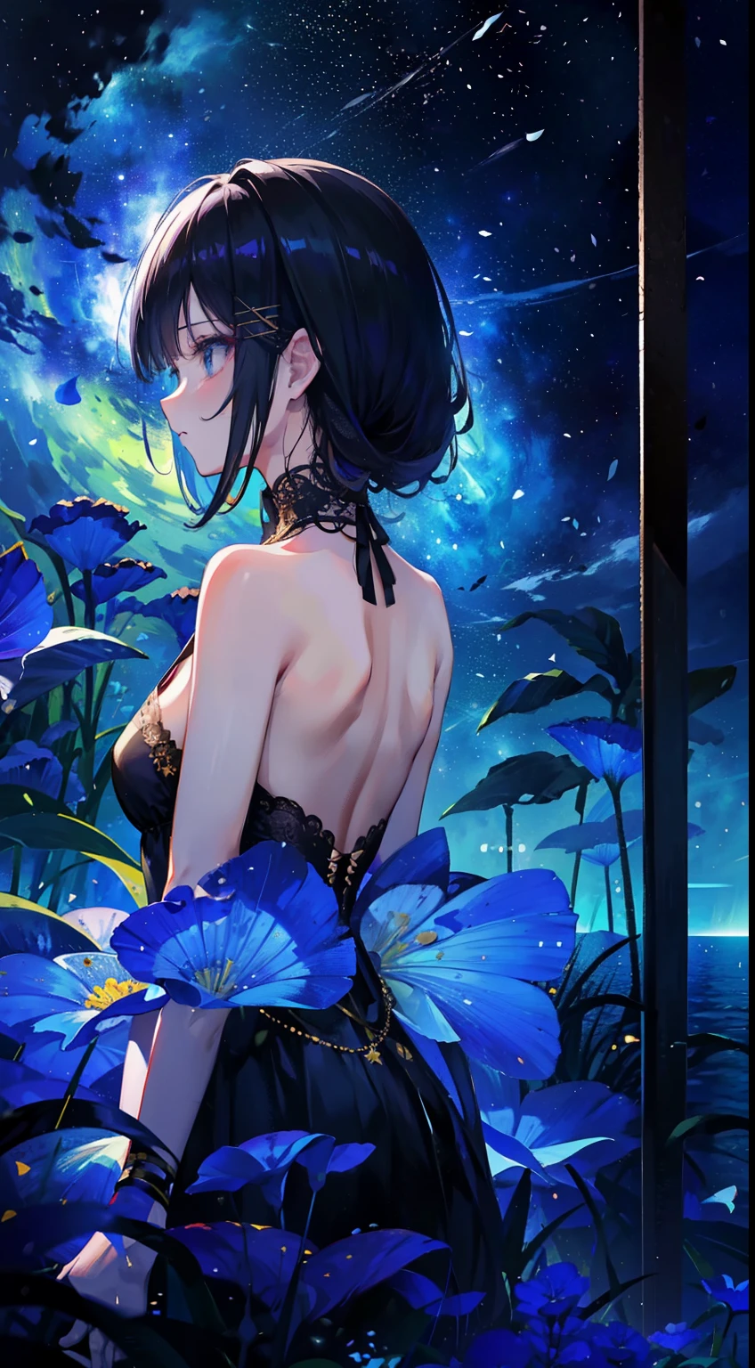 "tmasterpiece，top Quority，offical wallpaper，winning artwork，Top-down view，1 Tape，Rear shadow，1girl ,In a sea of flowers，stargazing，As estrelas，themoon，meteors，Colorful shooting stars，Hair satisfied, an beautiful，4K"
