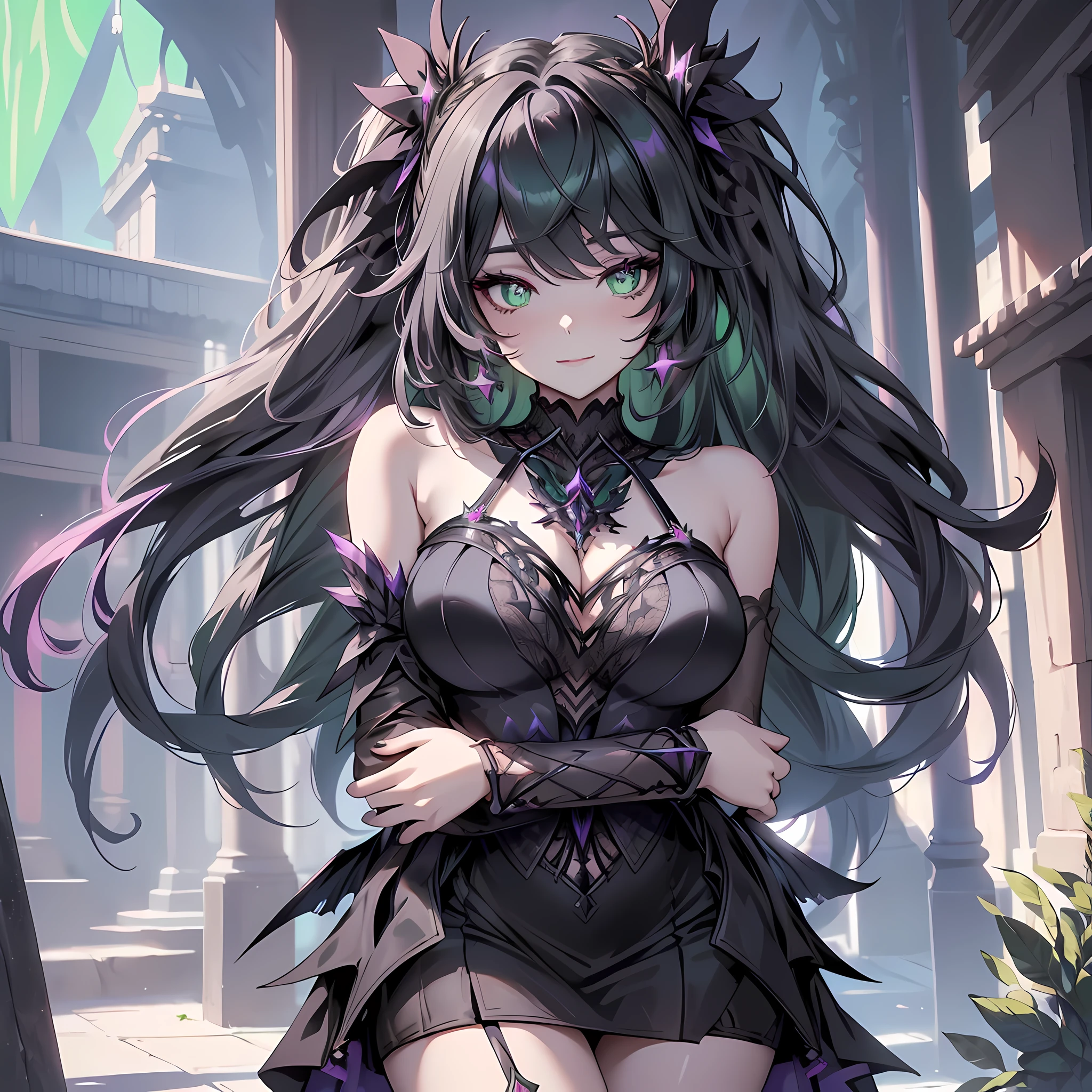 (masterpiece), best quality, expressive eyes, perfect face，Downy，extremely Coloring，Colouring，lady，a mature female，((Purple and black dress long dress))，Beautiful black dress，Huge ceiling，（White hair, wavy hair），Black Lence socks，Stiletto Sandals， Pink starry sky，Normal posture，Normal posture,sadistic smile,eyepatch,(huge breasts 1.5),(thigh gap 1.5),cleavage,smiles,necklace,bracelets, bangles, eyeshadows, eye liner,glistening eyes, hyper detailed eyes, intricate eyes, beautiful eye, ((glowing green pupils))、((black wings:1.2)),seductive pose,black feathers in air,town background covered in dark green crystals
