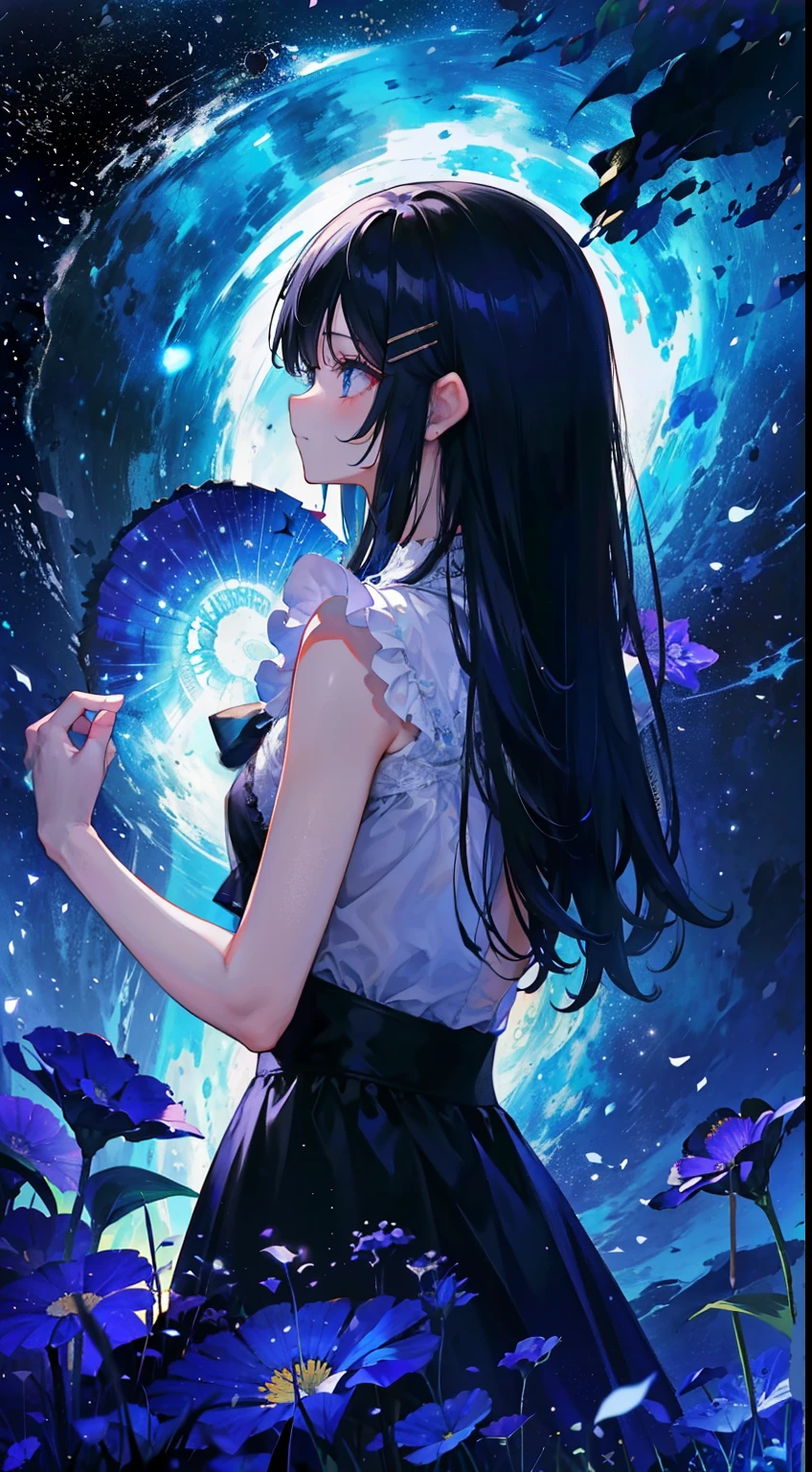 "tmasterpiece，top Quority，offical wallpaper，winning artwork，Top-down view，1 Tape，Rear shadow，1girl ,In a sea of flowers，stargazing，As estrelas，themoon，meteors，Colorful shooting stars，Hair satisfied, an beautiful，4K"