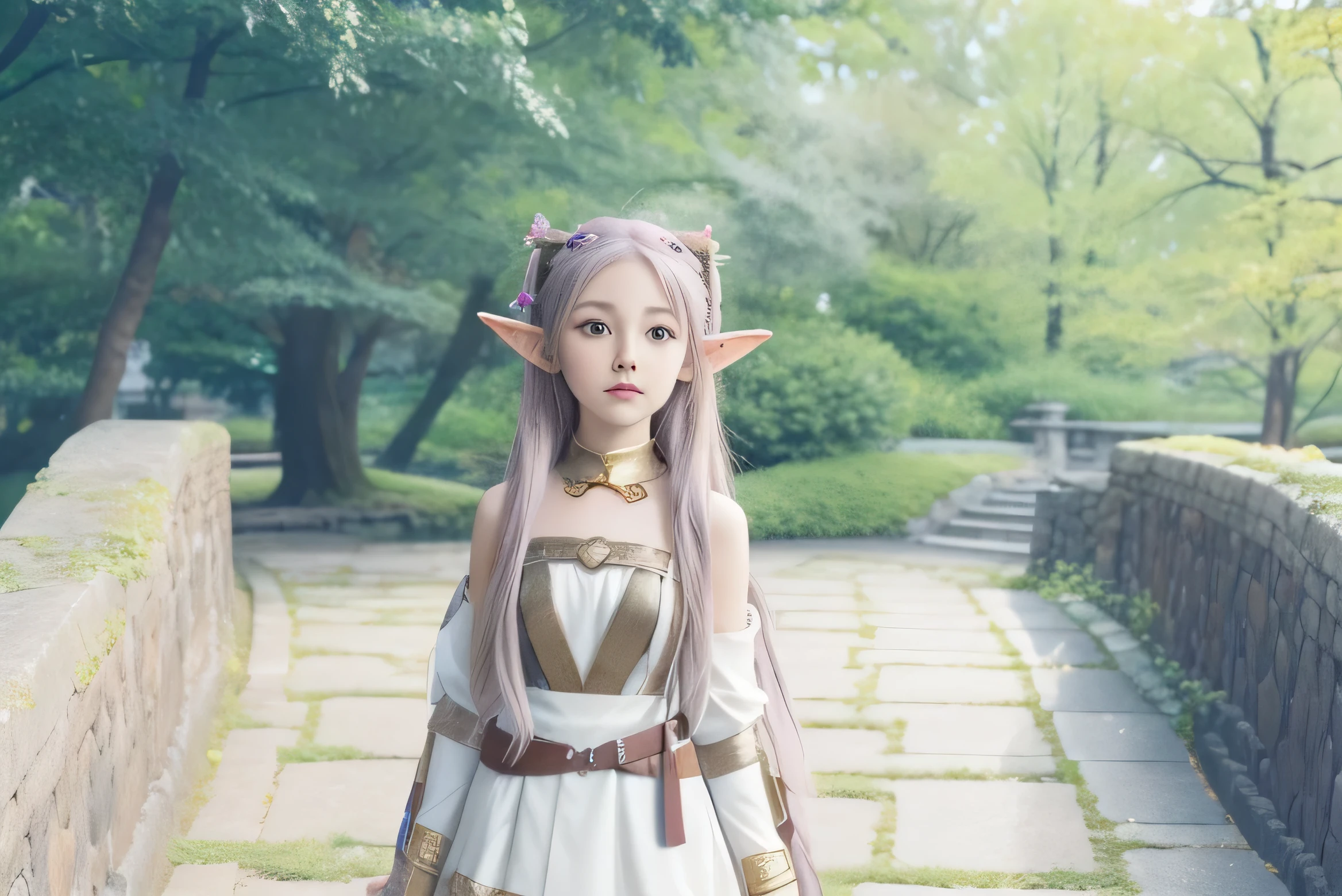 anime character standing on a stone walkway in a park, anime visual of a cute girl, anime visual of a young woman, she has elf ears and gold eyes, elf girl, today's featured anime still, official art, in the anime film, anime in fantasy style, lalafell, official character art, elf princess knight, art style of rune factory 5