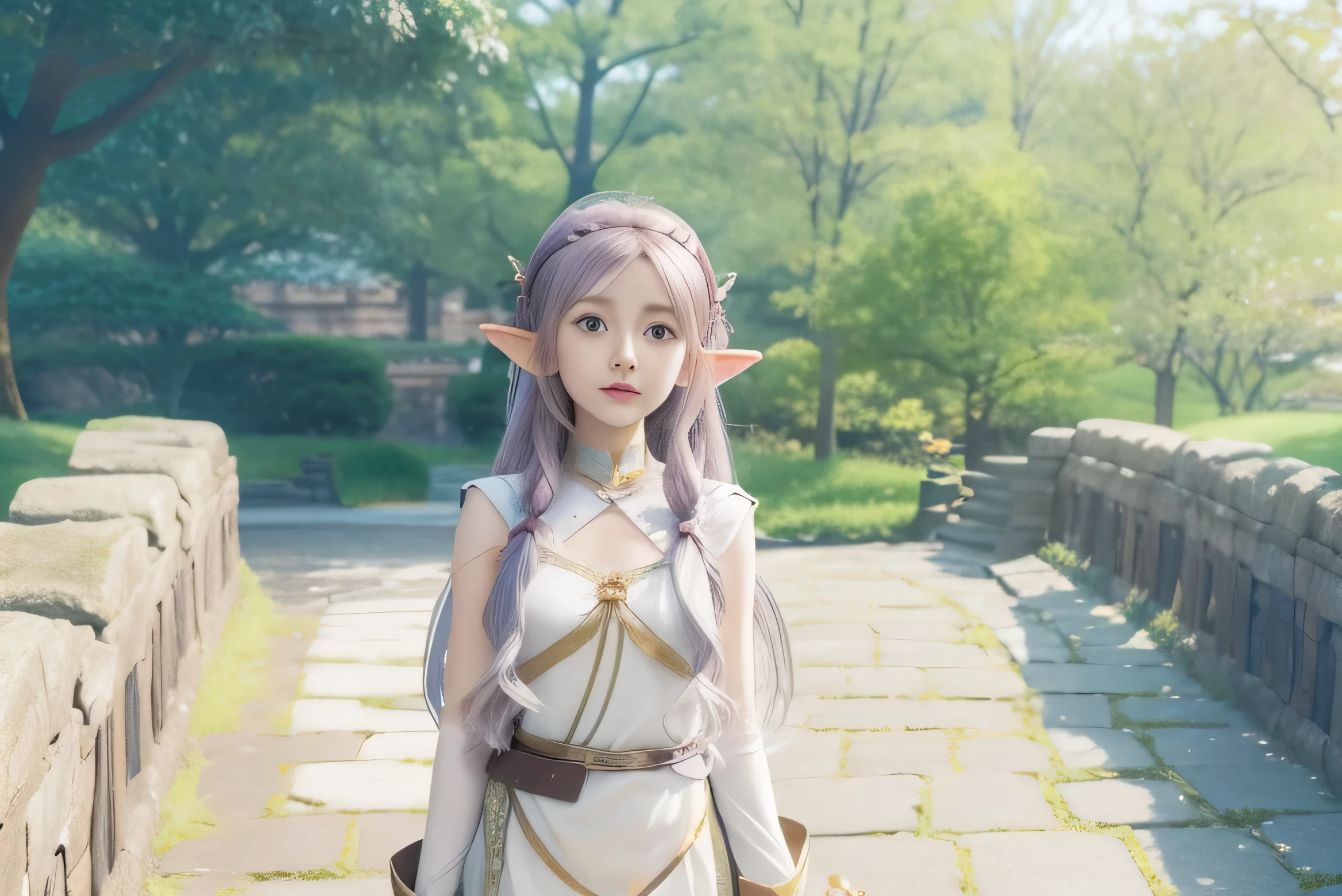 anime character standing on a stone walkway in a park, anime visual of a cute girl, anime visual of a young woman, she has elf ears and gold eyes, elf girl, today's featured anime still, official art, in the anime film, anime in fantasy style, lalafell, official character art, elf princess knight, art style of rune factory 5