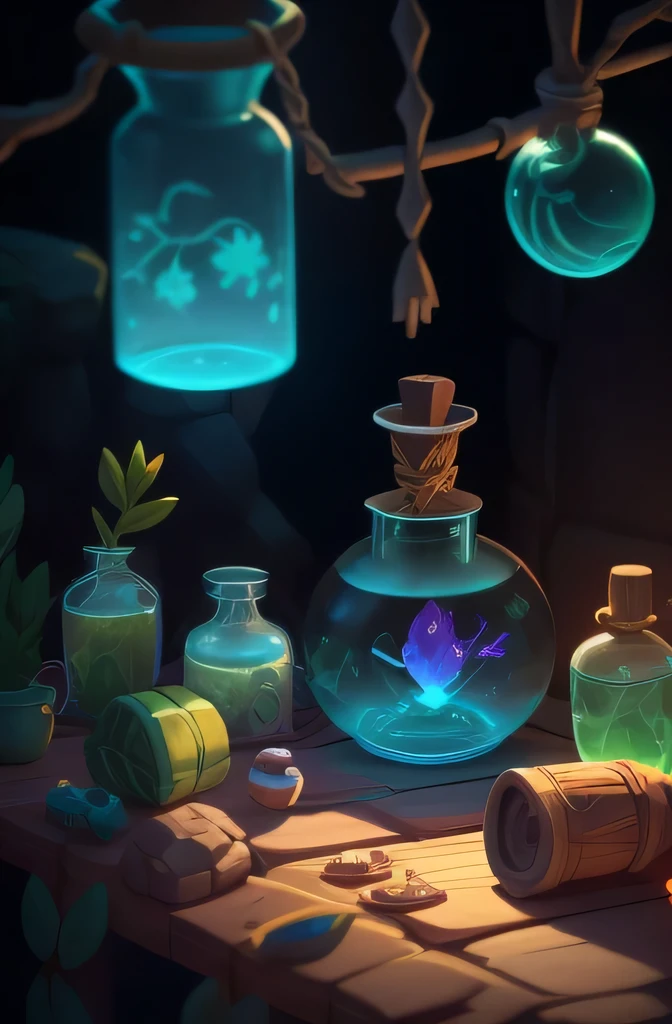 brewing lotion in witch hut, lotion of healing, stylized shadow, lotion, Stylized cell shading, lotion belt, lotion, health lotion, Fantastic terrarium graphics, glowing jar, cel shading, making a lotion, Alchemist&#39;vial pain，Many small bottles hanging，Dreamy and magical