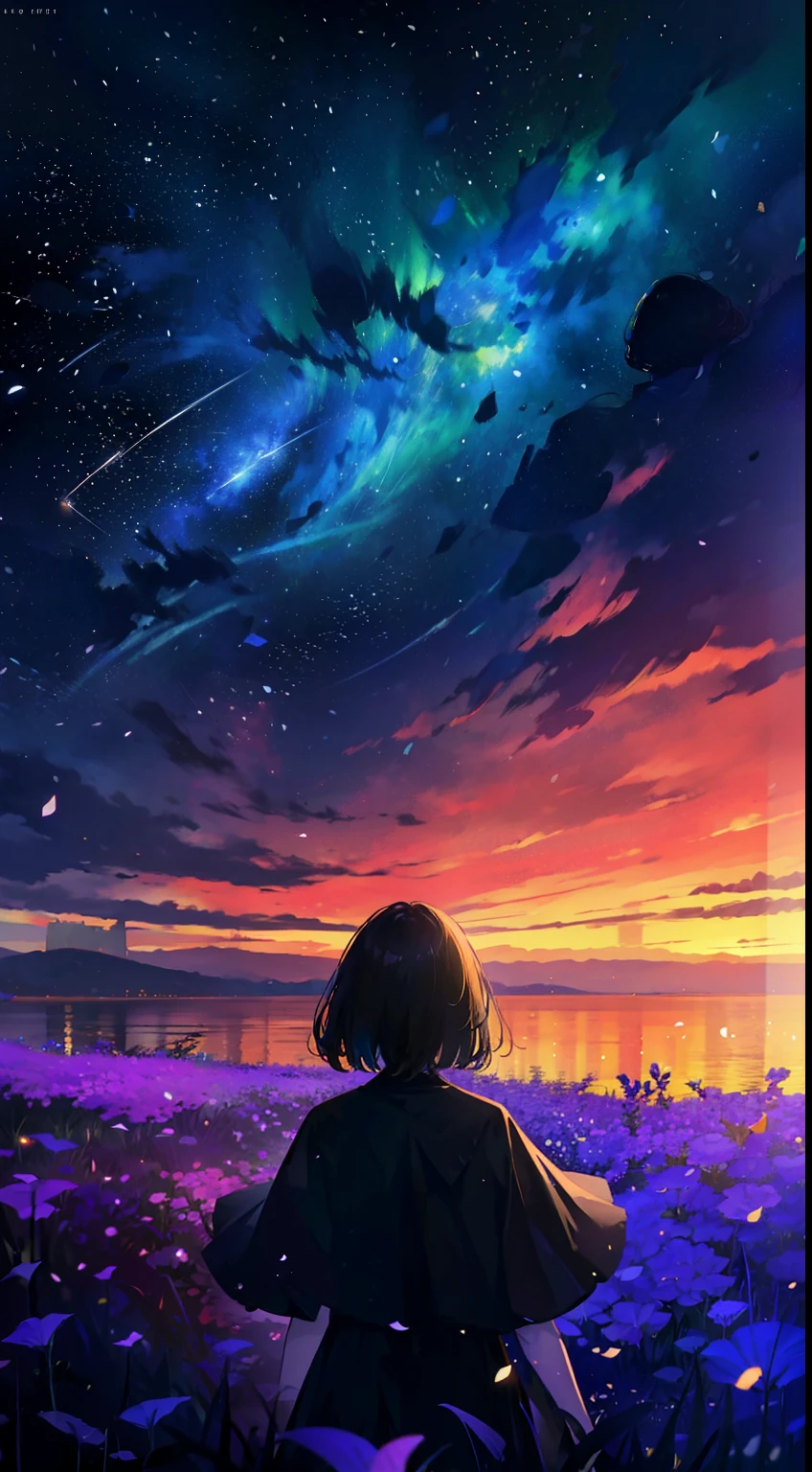 "tmasterpiece,top Quority,offical wallpaper,winning artwork,Top-down view,1 Tape,Rear shadow,1girl ,In a sea of flowers,stargazing,As estrelas,themoon,meteors,Colorful shooting stars,Hair satisfied, an beautiful,4K"