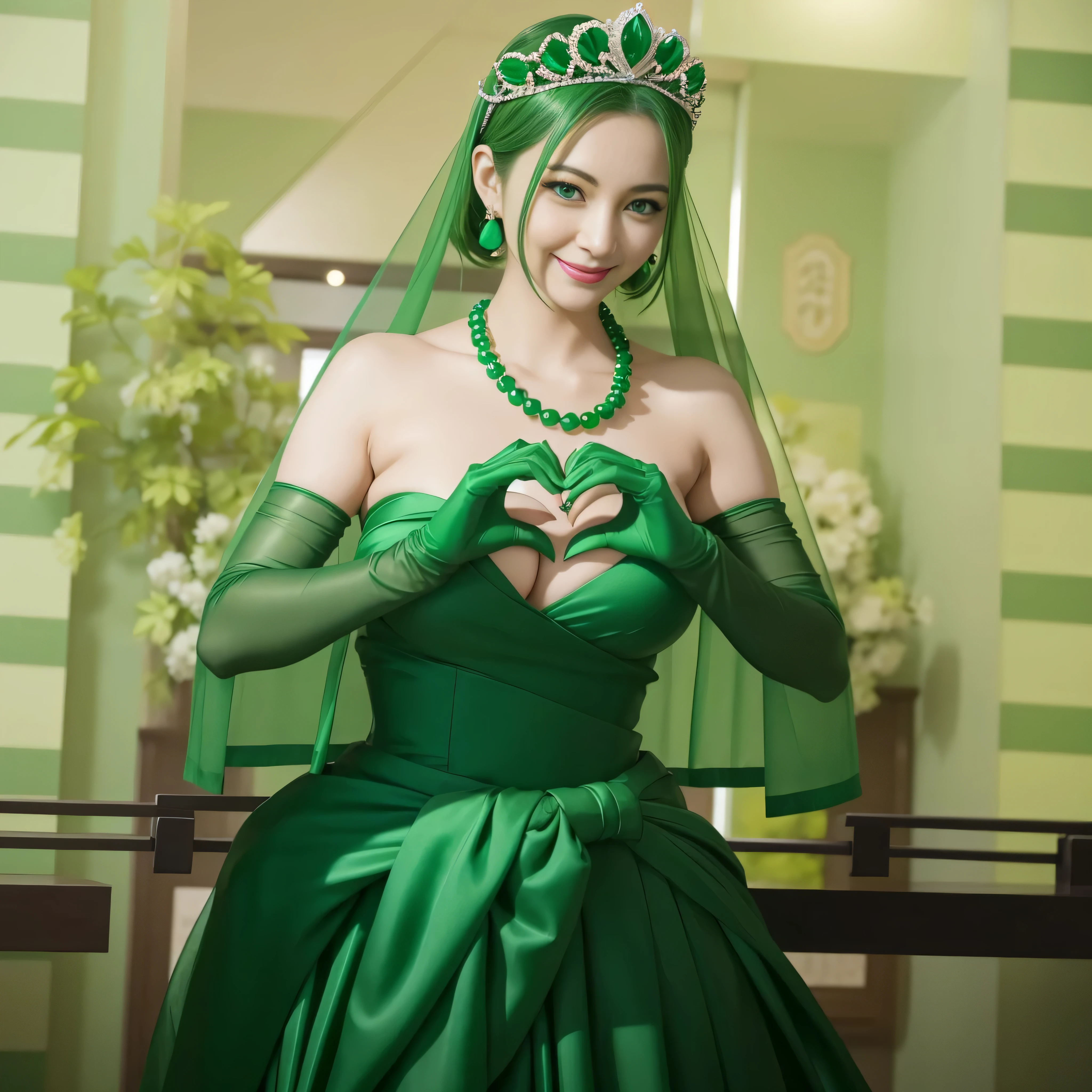 emerald tiara, Green Pearl Necklace, ボーイッシュな非常に短いgreen hair, green lips, Woman in her 30s Japan smiling, very short hair,  Beautiful woman with big breasts, green eyes, green satin long gloves, green eyes, emerald earrings, Green veil, Heart with both hands, green hair, beautiful japanese woman, heart shaped hands:1.3, green lip gloss