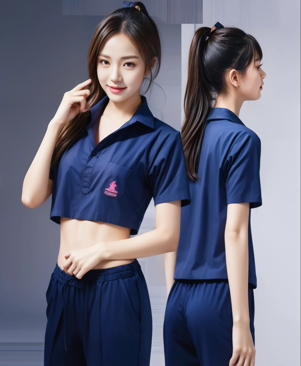 (best quality,10,10,height,Masterpiece:1.2),Special details,(realistic,ภาพrealistic,Realistic photos:1.37),1 Cute girl in the kitchen,shiny, ผิวshiny,only,smile softly,BDclothelue shirt:1.3)),short sleeve,shirt, กางเกงขาlong.,(navy_long_track pants:1.1), ((Kitchen Background)),Dynamic angle,excited,Face focus,dynamic poses,from behind,focus on ass,Masterpiece, best quality, ultra realistic, hyper-detail, 8K resolution, raw photos, Sharp focus, ((Navy blue shirt:1.1)), short sleeve, เส้นทางlong, perfect body, 2 mature women, 18 years old, Cinema-grade lighting system,blue sweatpants,shirtผ้าออกกำลังกาย,correct anatomy,perfect body, correct body, Sharp face, correct bodyทางกายวิภาค, full body, realistic gestures, long-haired, realistic poses,Wear long shorts...........................,ช่วงขาlong,Good shape,carved girl, Slender figure, model, Good shape, beautiful body,blue sweatpants, two girls kissing