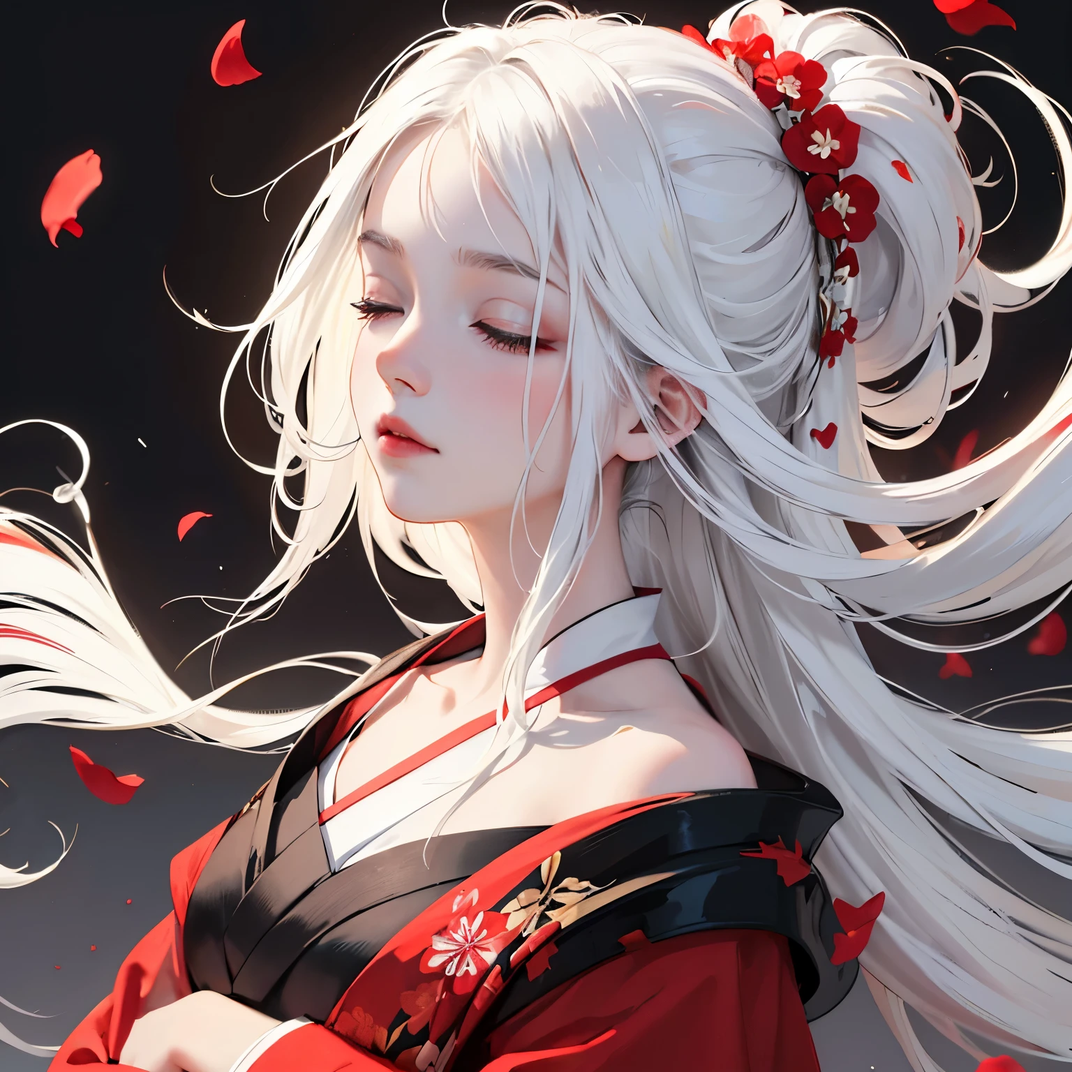 ((solo)), ((close-up side profile)) of a girl with eyes closed, ((head tilted up)), white hair that is tied up, (faint smile), flowing hair, burning flower on hair, falling petals, (red, black, white, kimono), flowing cloth