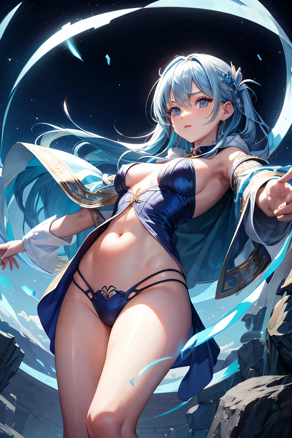 strong wind、cloak、naked、pubic hair、female organ、Blue tattoo、front、Beautiful Girl Magician、light blue hair up style、((whole body))、(((photo taken from below)))、magic circle、background is sky