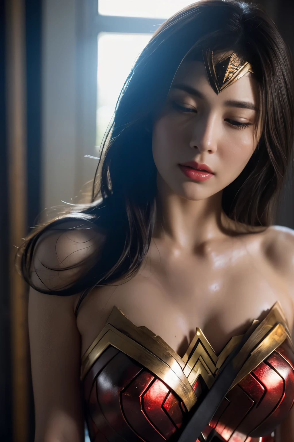 very dirty basement、prison、Upper body,wonder woman(a lot of sweat,Bruises on the face,scar on face,Close ~ eyes,Sleeping face,fainting,,battle damage、Bruises on the face or body,very dirty face)、highest quality, ultra high resolution, reality: 1.4, movie lighting、超reality的な、8k、slanted bangs、brown hair、20-year-old,wonder womanティアラ