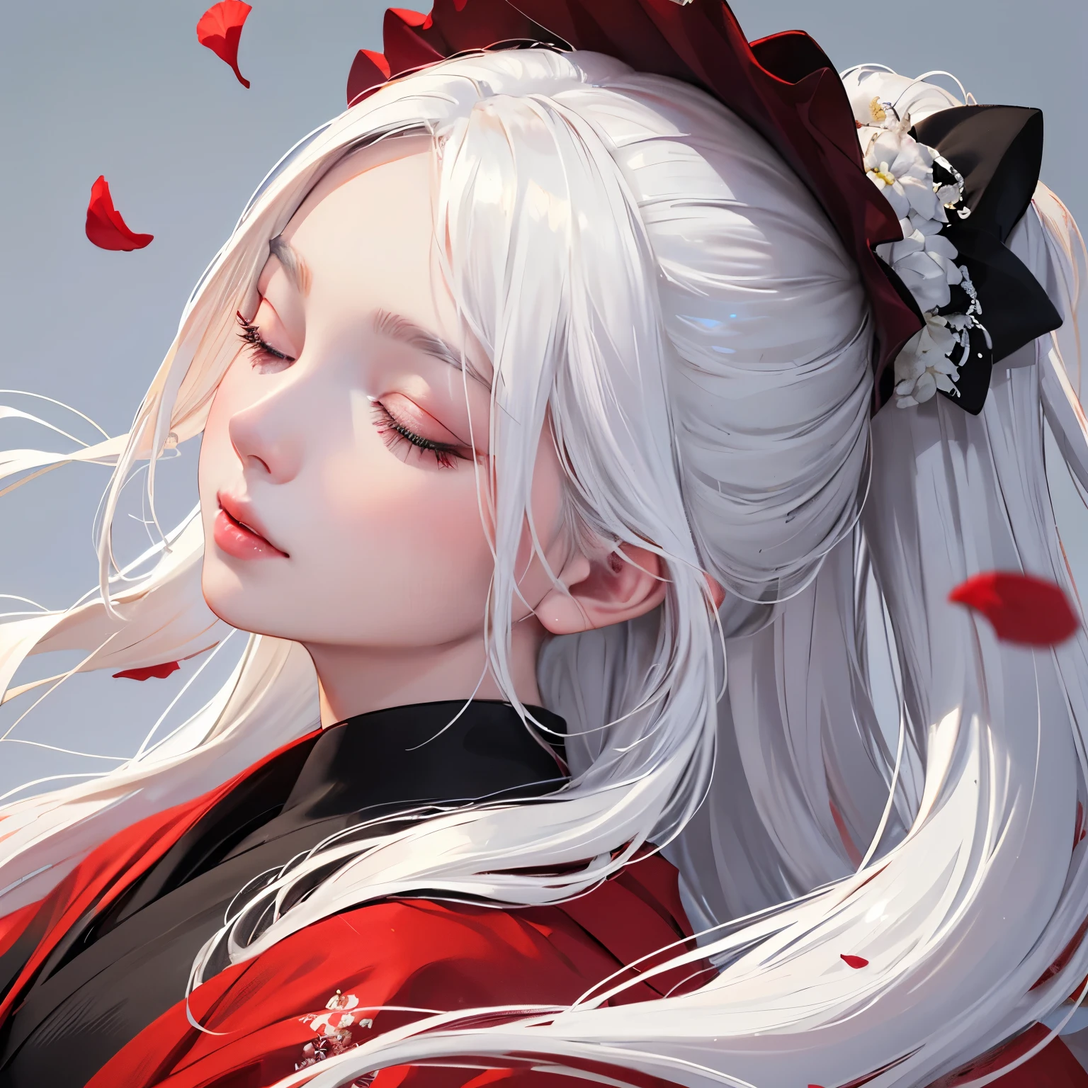 ((solo)), ((close-up side profile)) of a girl with eyes closed, ((head tilted up)), white hair that is tied up, (faint smile), flowing hair, burning flower on hair, falling petals, (red, black, white, kimono), flowing cloth