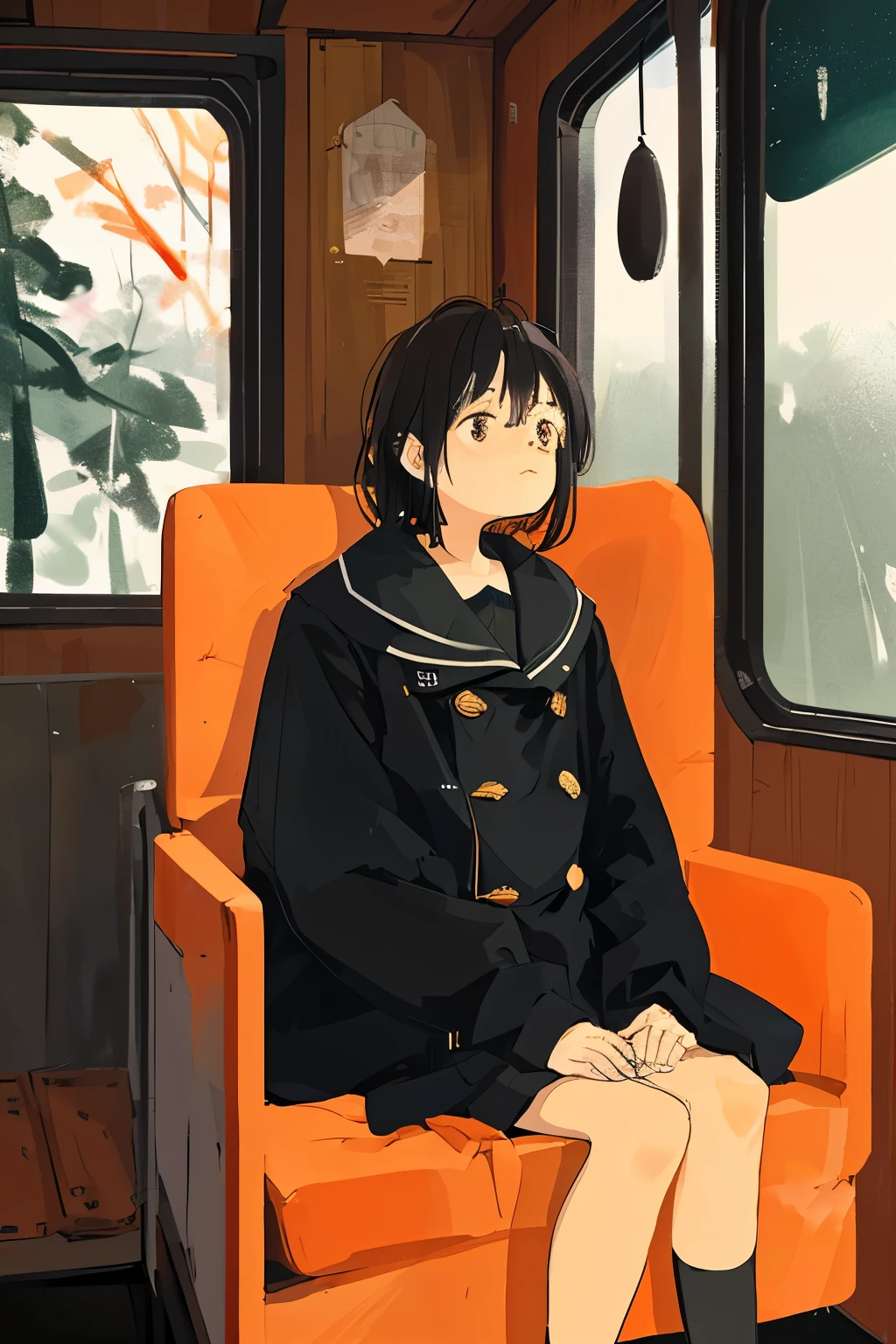 The image masterfully encapsulates the poignant moment of the personified fat orange cat, clad in an antiquated black coat, perched on a deteriorating train seat. His melancholic eyes are fixed on a tattered family portrait, tears streaming down his face as he yearns for the memories of the warmth and happiness shared with his loved ones. The dimly lit train cabin, filled with a sense of nostalgia, is brilliantly depicted, immersing the viewer in a moment of quiet introspection and deep-rooted longing.