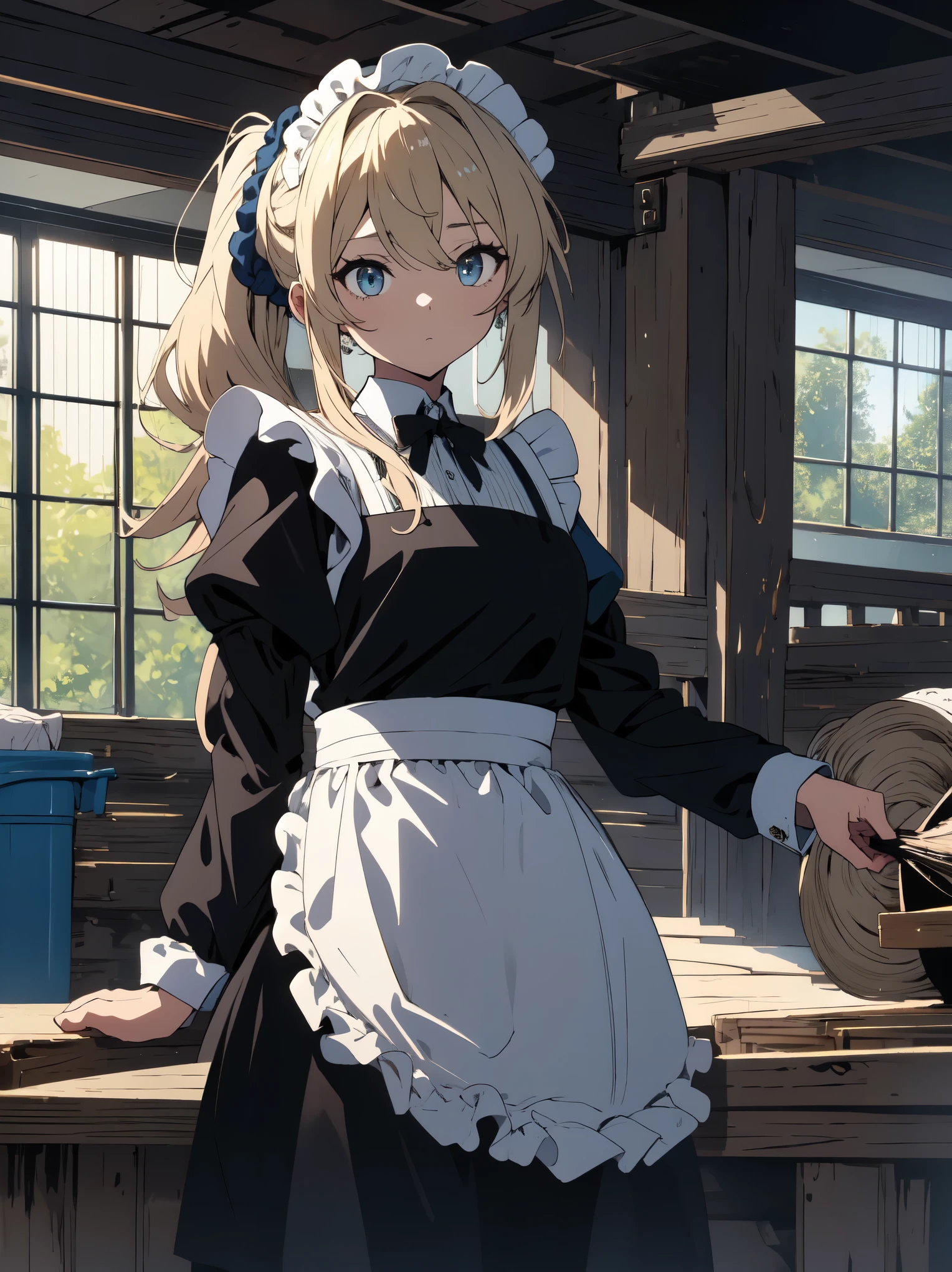 (masterpiece, highest quality, High resolution、be familiar with), (shining eyes)、1 girl,blonde hair, maid, blue eyes, side ponytail, hair scrunchie, hair ornaments, blue scrunchie, maid headdress, apron, (Mansion garden、drying laundry)hair between eyes, chest, long sleeve, bangs, white shirt, black dress, side lock, maid apron, black pantyhose,  cowboy shot,indoor、Western-style room、beautiful anime