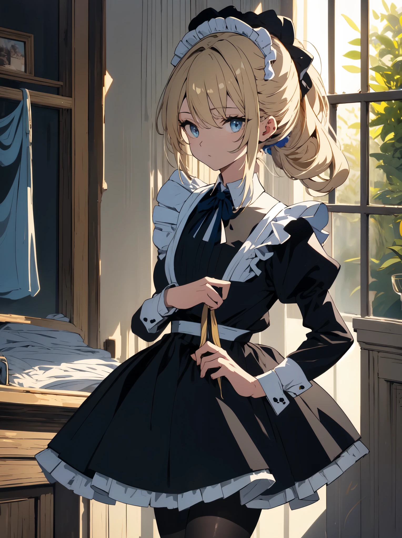 (masterpiece, highest quality, High resolution、be familiar with), (shining eyes)、1 girl,blonde hair, maid, blue eyes, side ponytail, hair scrunchie, hair ornaments, blue scrunchie, maid headdress, apron, (Mansion garden、drying laundry)hair between eyes, chest, long sleeve, bangs, white shirt, black dress, side lock, maid apron, black pantyhose,  cowboy shot,indoor、Western-style room、beautiful anime