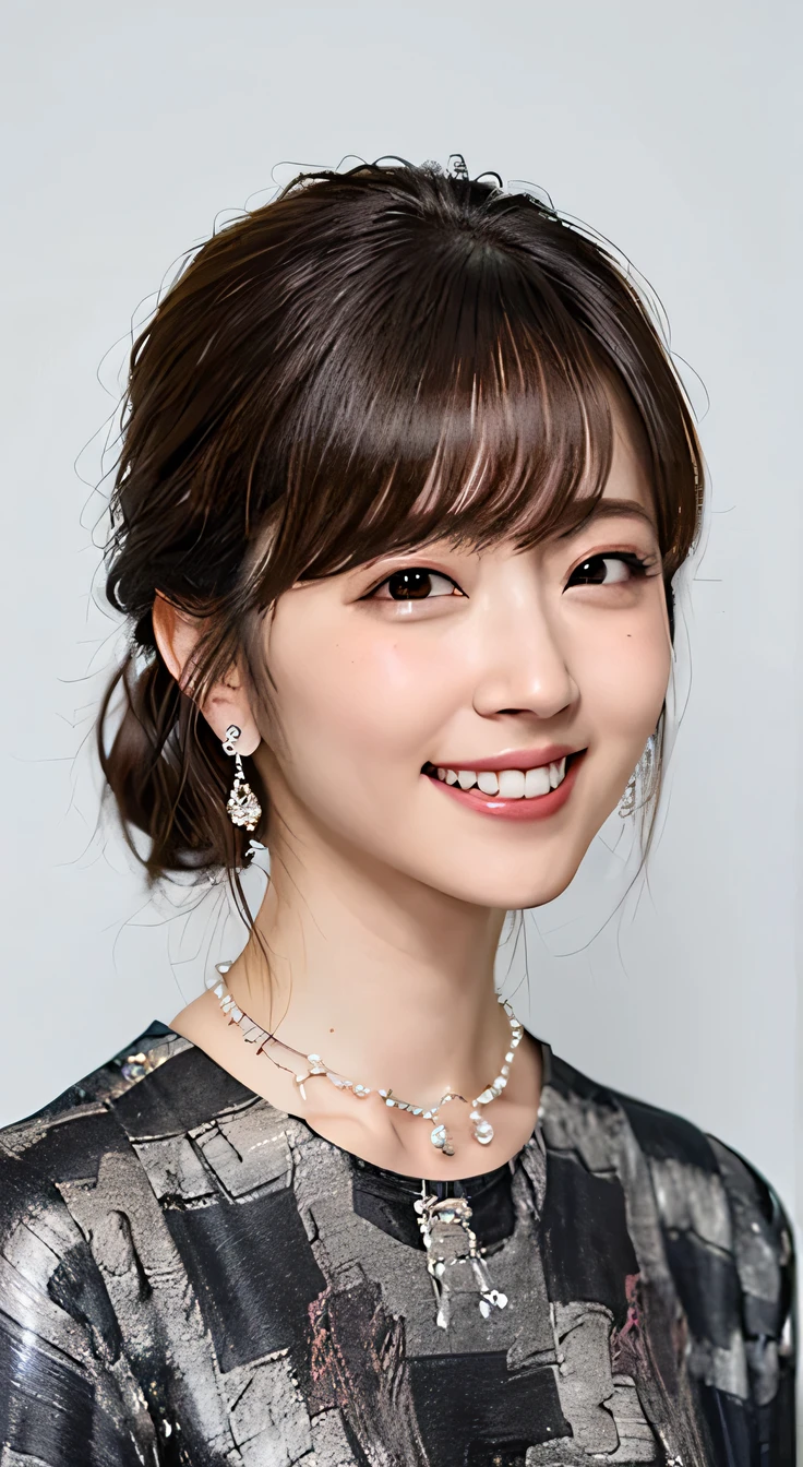 highest quality, masterpiece, ultra high resolution, (realistic:1.4),very detailed,professional lighting smile,black hair、toothy smile、black hair、ear piercing、necklace around neck、