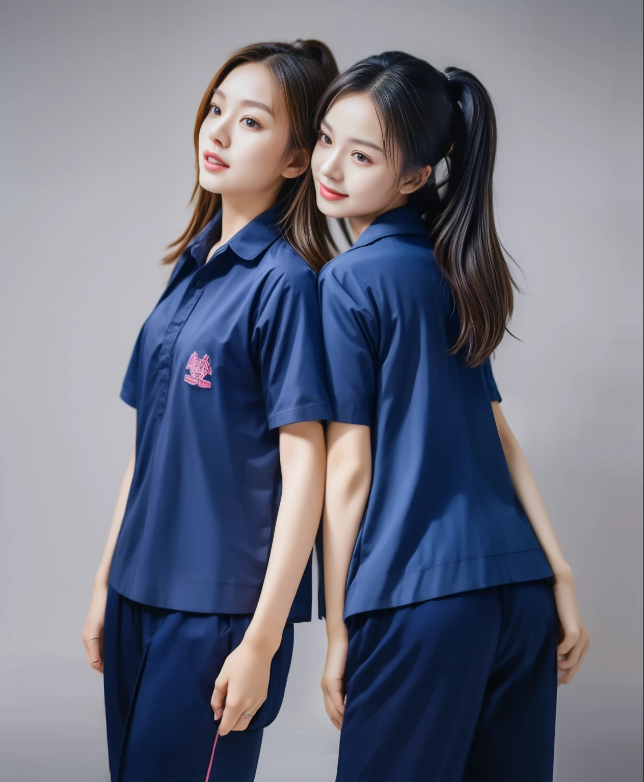 (best quality,10,10,height,Masterpiece:1.2),Special details,(realistic,ภาพrealistic,Realistic photos:1.37),1 Cute girl in the kitchen,shiny, ผิวshiny,only,smile softly,BDclothelue shirt:1.3)),short sleeve,shirt, กางเกงขาlong.,(navy_long_track pants:1.1), ((Kitchen Background)),Dynamic angle,excited,Face focus,dynamic poses,from behind,focus on ass,Masterpiece, best quality, ultra realistic, hyper-detail, 8K resolution, raw photos, Sharp focus, ((Navy blue shirt:1.1)), short sleeve, เส้นทางlong, perfect body, 2 mature women, 18 years old, Cinema-grade lighting system,blue sweatpants,shirtผ้าออกกำลังกาย,correct anatomy,perfect body, correct body, Sharp face, correct bodyทางกายวิภาค, full body, realistic gestures, long-haired, realistic poses,Wear long shorts...........................,ช่วงขาlong,Good shape,carved girl, Slender figure, model, Good shape, beautiful body,blue sweatpants, two girls kissing