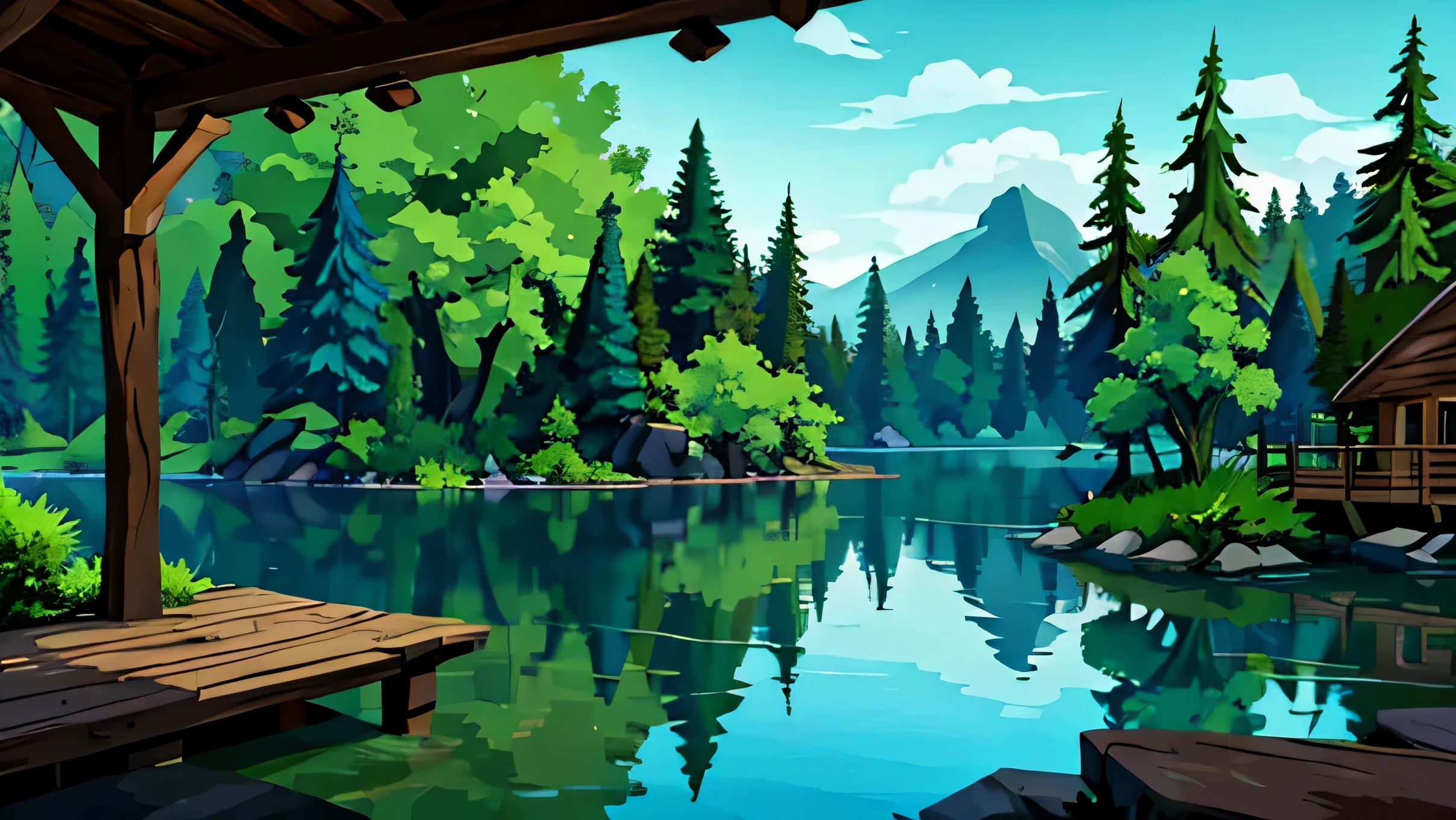 A dense wilderness with lush trees and bushes filling the surrounding area. In the middle of the forest lies a tranquil lake, its water a serene shade of blue-green with tree reflections on its surface. On the lake's edge, there stands an old wooden cabin, appearing somewhat neglected yet possessing its own charm, with moss-covered walls and roots dangling from its roof. Around the cabin, several large rocks encircle the lake, along with wild vegetation growing nearby. With the distinctive style of Gravity Falls, a bright yet mysterious color palette, and unique details like animal statues or hidden mysteries, this landscape evokes an atmosphere of adventure and wonder.