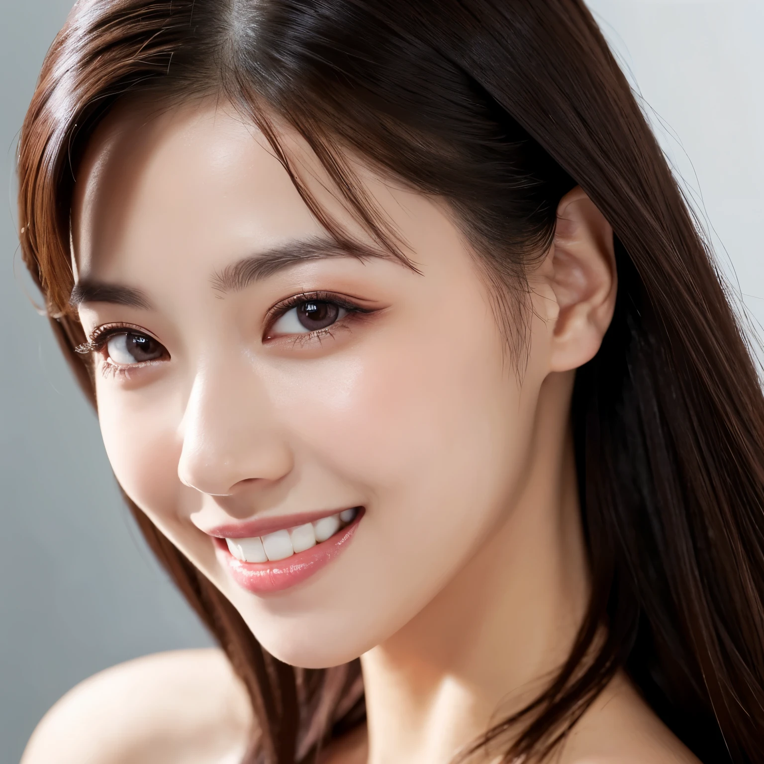 ((highest quality、table top、8k、best image quality、Award-winning work)、one beautiful woman、(Super close-up of just the face:1.5)、the biggest smile looking at me、(Beautiful skin that shines very brightly:1.1)、(Face straight ahead and stand upright:1.1)、Beautiful skin with ultra-high definition gloss and moisture、Beautiful face in super high resolution、Super high resolution sparkling eyes、Super high resolution perfect beautiful teeth、beautiful glossy lips、long eyelashes、ultra high resolution hair、perfect beautiful mascara、beautiful eyeshadow