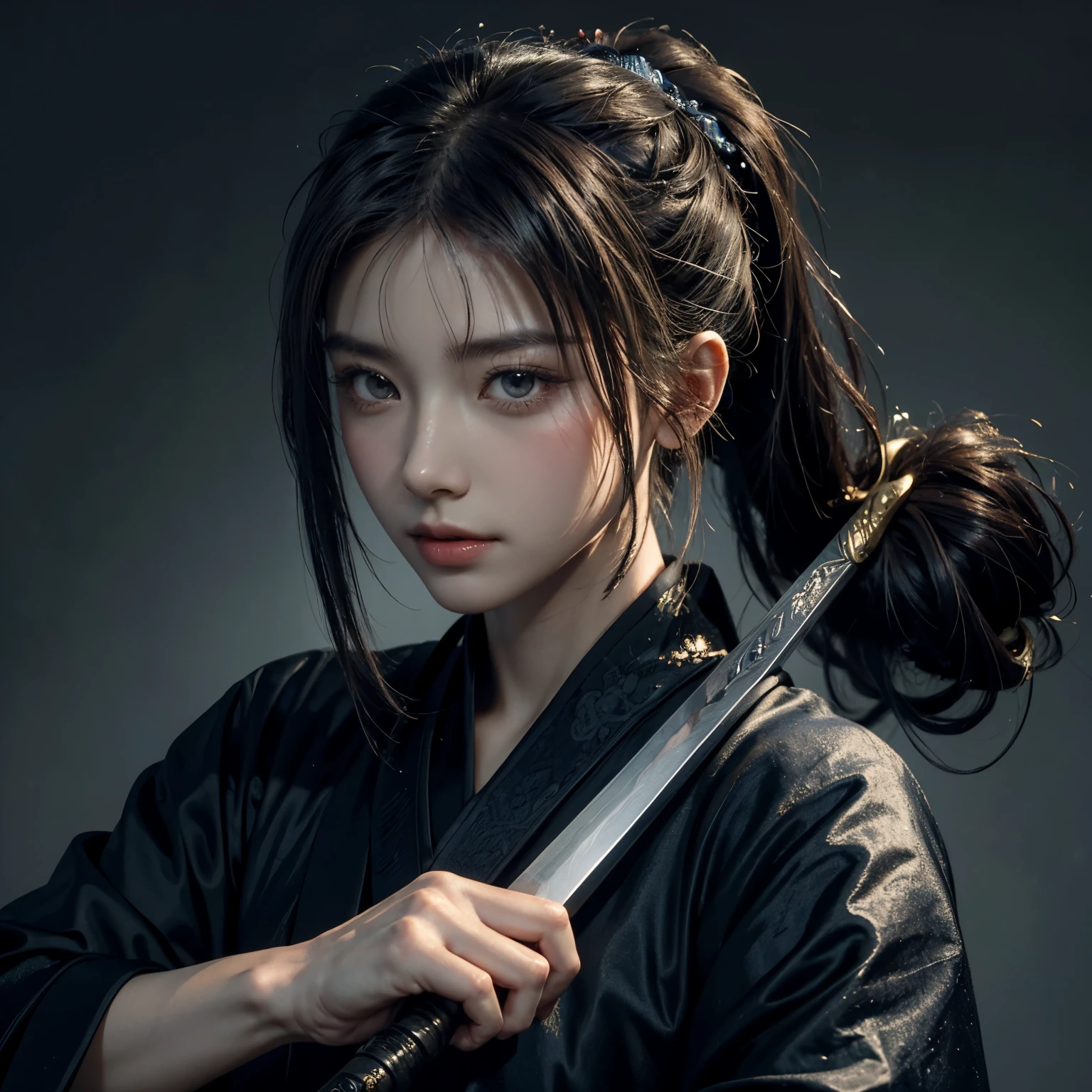 (masterpiece), (best quality), (highly detailed), (handsome face), a man, ponytail hair tied with jade crown, General chinese, ancient chinese style, black robe, battlefield background, hold a sword, cold aura