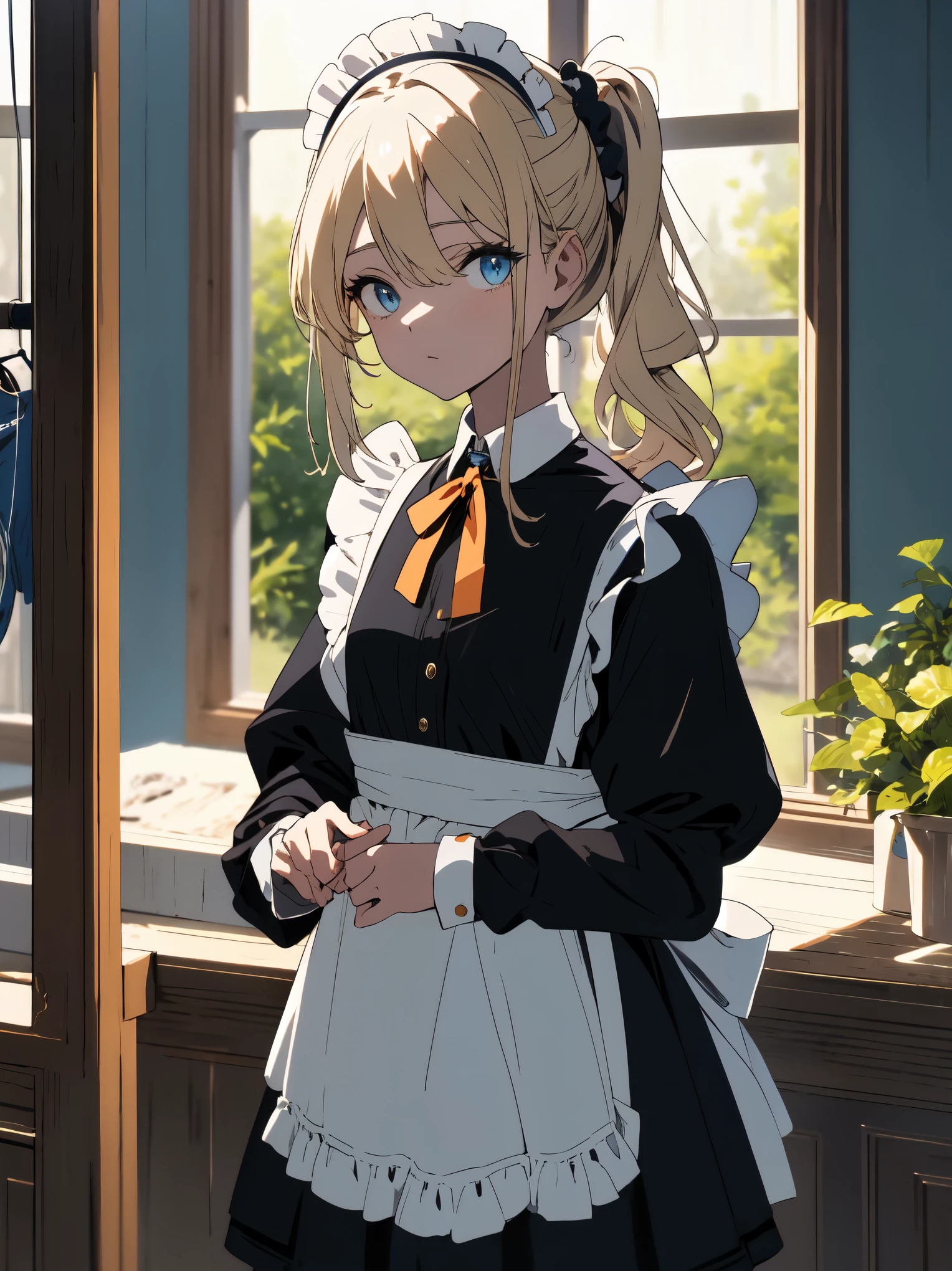 (masterpiece, highest quality, High resolution、be familiar with), (shining eyes)、1 girl,blonde hair, maid, blue eyes, side ponytail, hair scrunchie, hair ornaments, blue scrunchie, maid headdress, apron, (Mansion garden、drying laundry)hair between eyes, chest, long sleeve, bangs, white shirt, black dress, side lock, maid apron, black pantyhose,  cowboy shot,indoor、Western-style room、beautiful anime