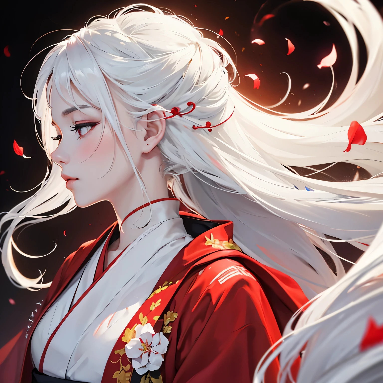 ((solo)), ((close-up side profile)) of a girl with eyes closed, ((head tilted up)), white hair that is tied up, (faint smile), flowing hair, burning flower on hair, falling petals, (red, black, white, kimono), flowing cloth