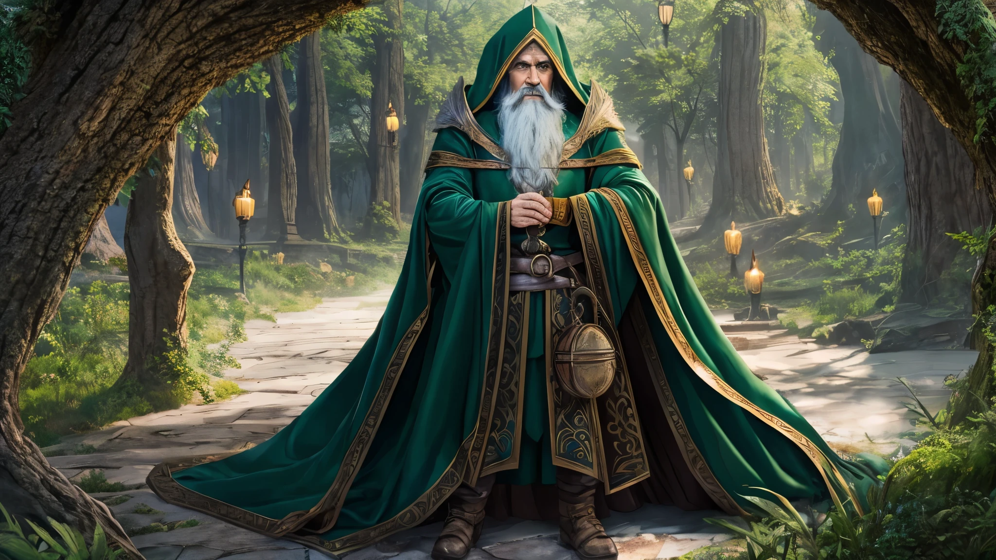 (masterpiece), 8k, best quality, hooded, full-length view, Elf, old, male, wizard, large white beard, pointed ears, blue eyes, Captivating appearance, 1.60 meters tall, wearing a green robe dark, a leather belt and a magic bag, smiling,