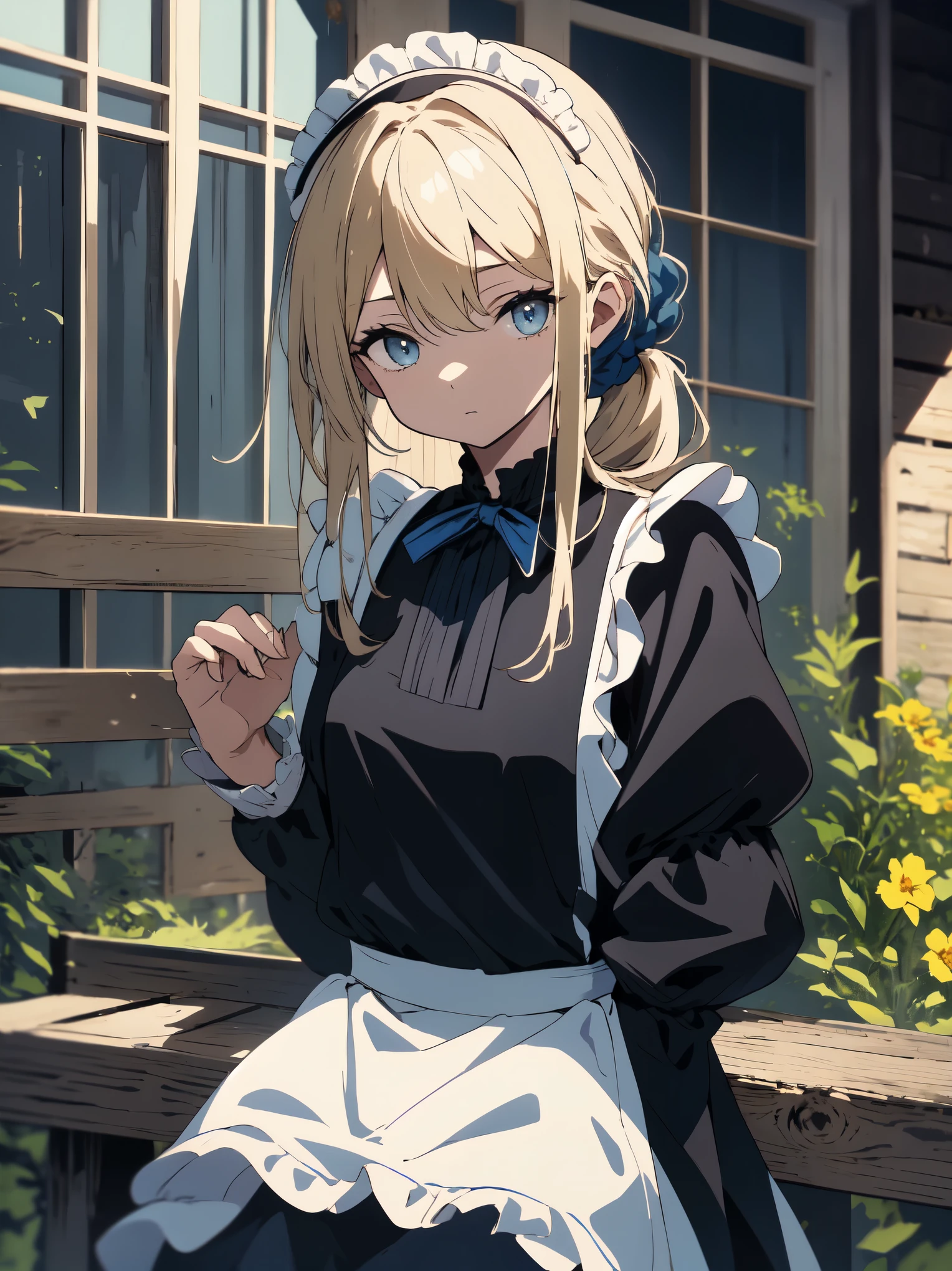 (masterpiece, highest quality, High resolution、be familiar with), (shining eyes)、1 girl,blonde hair, maid, blue eyes, side ponytail, hair scrunchie, hair ornaments, blue scrunchie, maid headdress, apron, (Mansion garden、drying laundry、outside、blue sky)hair between eyes, chest, long sleeve, bangs, white shirt, black dress, side lock, maid apron, black pantyhose,  cowboy shot,indoor、Western-style room、beautiful anime