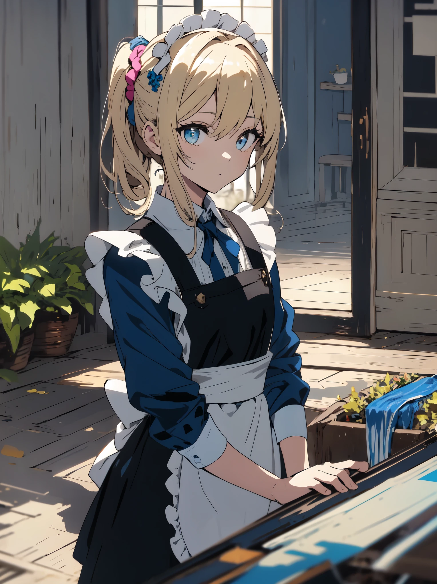 (masterpiece, highest quality, High resolution、be familiar with), (shining eyes)、1 girl,blonde hair, maid, blue eyes, side ponytail, hair scrunchie, hair ornaments, blue scrunchie, maid headdress, apron, (Mansion garden、drying laundry、outside、blue sky)hair between eyes, chest, long sleeve, bangs, white shirt, black dress, side lock, maid apron, black pantyhose,  cowboy shot,indoor、Western-style room、beautiful anime