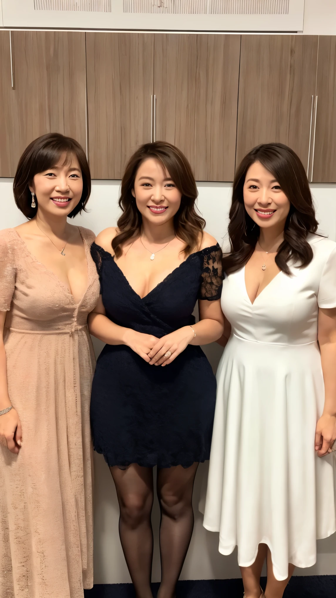 (((45 years old)))、(((6+woman)))、(((long torso)))、((group photo)),(((looking at camera)))、((Full body Esbian))、(((forget))),(((stockings))),high heels、See-through,code,cleavage,(((Chubby))),((huge breasts)),smile,( very detailed and beautiful),attractive mature woman, woman,Chono White, eye wrinkles, ((Japanese)),masterpiece,highest quality、((8k))