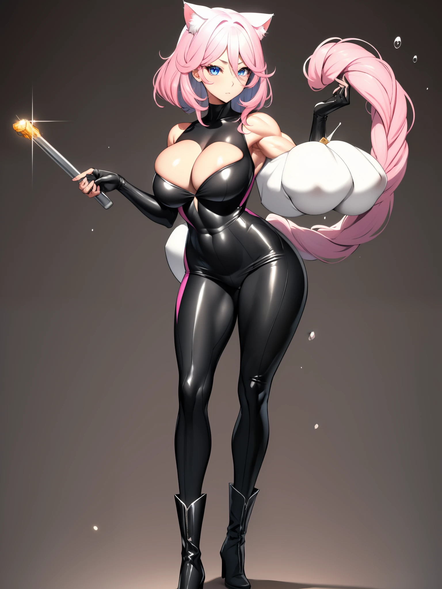 slim and beautiful cat woman, pink hair, blue eyes, slim body, big huge breasts, long and muscular legs, tight transparent one piece dress, high boots, 8k, hd, master piece, full body