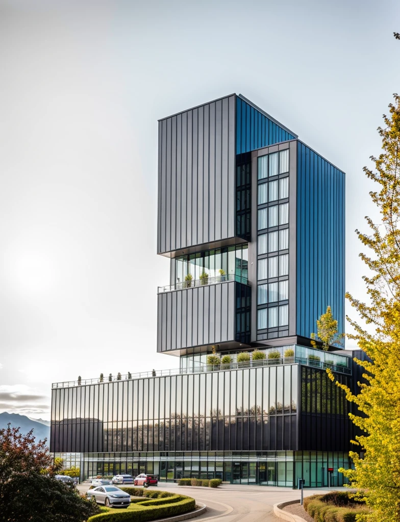 exterior of highrise hotel building, contemporary style, inspired of Norman Forster, glass with steel frame facade, 5 stars hotel design, beautiful landscape, stone pavement,cars, RAW photo, 8k uhd, dslr, soft lighting, high quality, film grain, Fujifilm XT3,masterpiece,