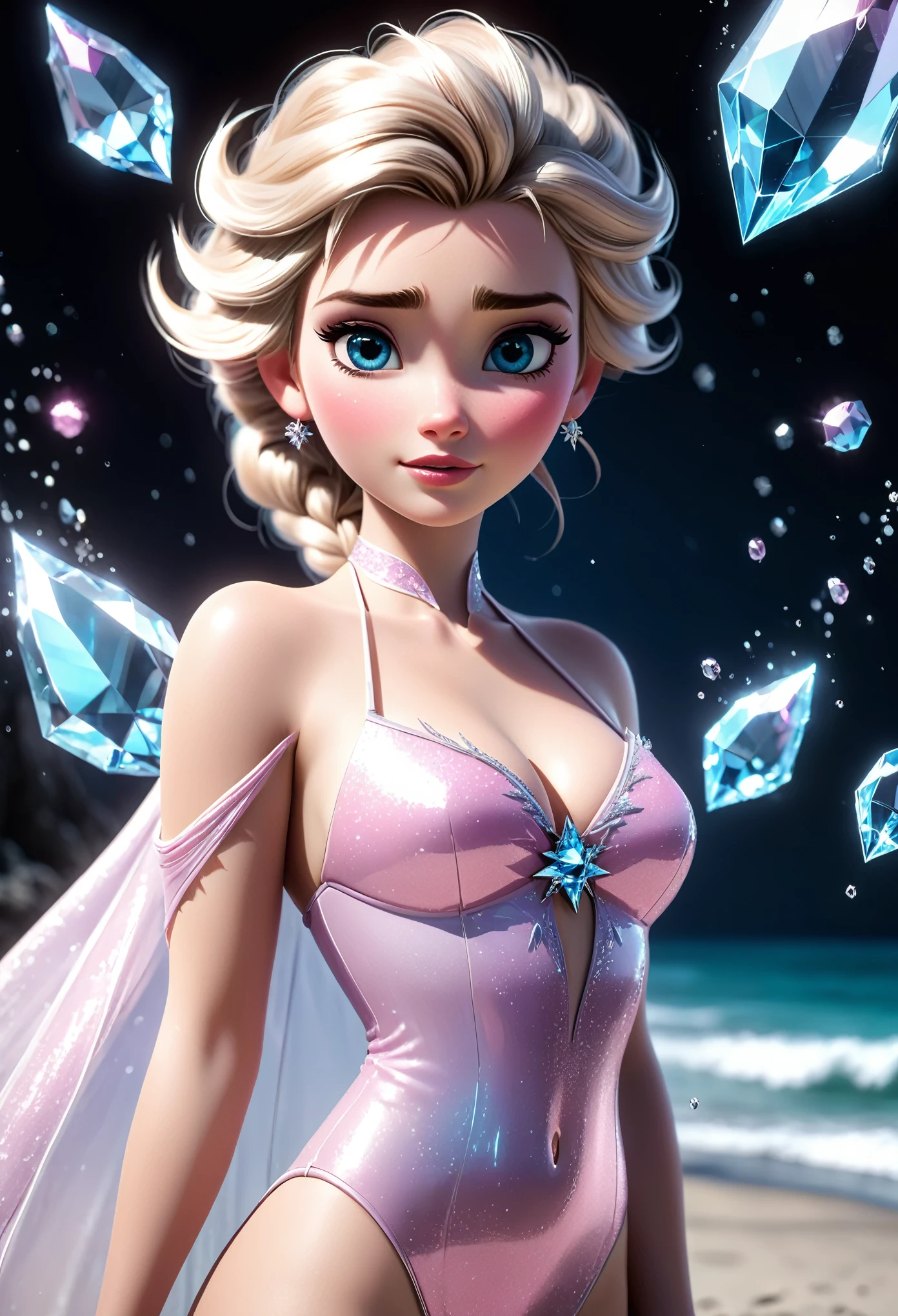 (elsa frozen-rose quartz SU mezclando modelos .) (ultra FUSION) Highly detailed CG unity 8k wallpaper, style shot, complex, high detail, dramatic, highest quality movie still image, very detailed, masterpiece, best quality, character design, Elsa, Elsa from Frozen,Pink Diamond fusion (( Dark style)), realistic ultra-detailed rendering style, natural light, sharp character design, (hard focus, 8k), (((natural skin texture))), 8k textures, soft cinematic lighting, adobe lightroom, dark room, hdr, Sophisticated, Elegant, Rich Detail, Sharp Focuilm Look) )), Soothing Tones, Detail Frenzy, Intricate Detail, Super Detail, Low Contrast, Soft Film Lighting, Dull Colors, Exposure Blending, HDR, Fade, 35mm, f/1.4, ISO64, f16, 25 sec. White bikini, beach background