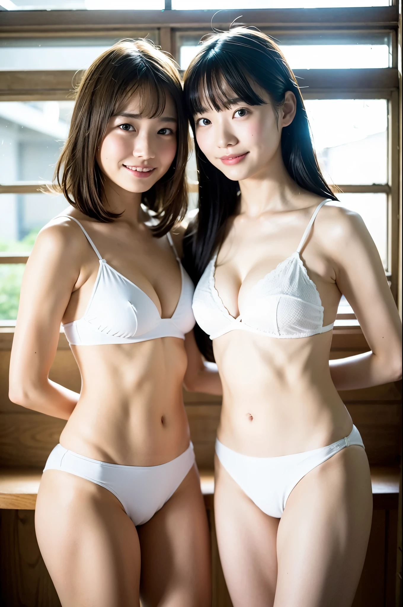 2 girls near window in old-Japanese classroom,white bikini-top with sailor collar,white micro bikini-bottom,18-year-old,bangs,a little smile,thighs,knees,straight hair with barrette,from below,front light