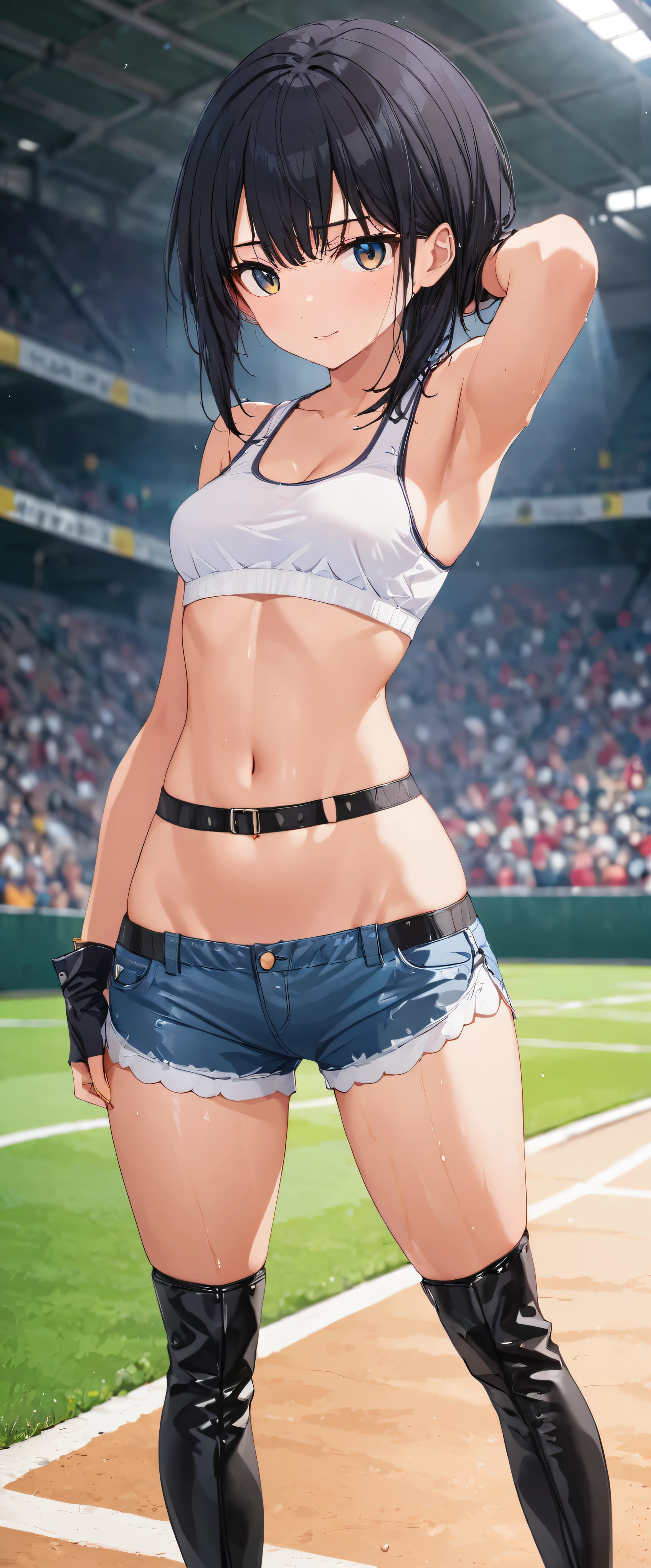 High resolution, woman , good lighting, despicable, , (No nudity), (((jeans shorts))), ((play sports often)), (((leather thigh high boots))), (garter belt), abdomen only, (wet shorts), , cute face, I'Iは恥ずかしくて赤面します, humiliating, (()), ((black hair))