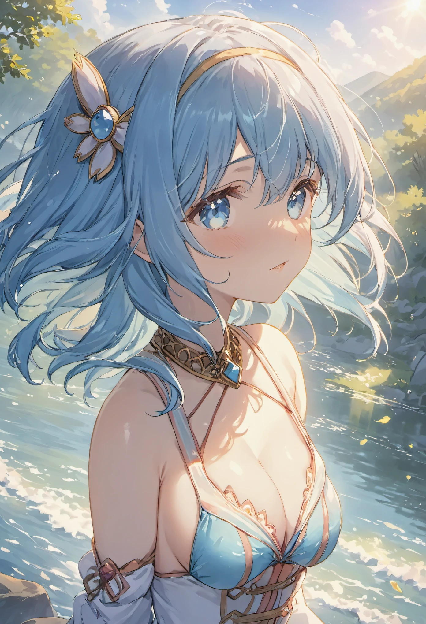(masterpiece), (highest quality), (1 girl)), wonderful, beautiful detailed eyes, small details, Depth of the bounds written, original, ((highest quality)), ((Super detailed)), (best lighting, best shadow), (very delicate and beautiful)), highly detailed wallpaper, delicate light and shadow、 from a point of view, landscape, young girl, Upper body, long blue hair, beautiful detailed eyes, medium breasts, swimsuit, bikini, hair accessory, necklace, light,outdoors, On the shores of the lake, stare into the distance, The wind is blowing, floating, cute、