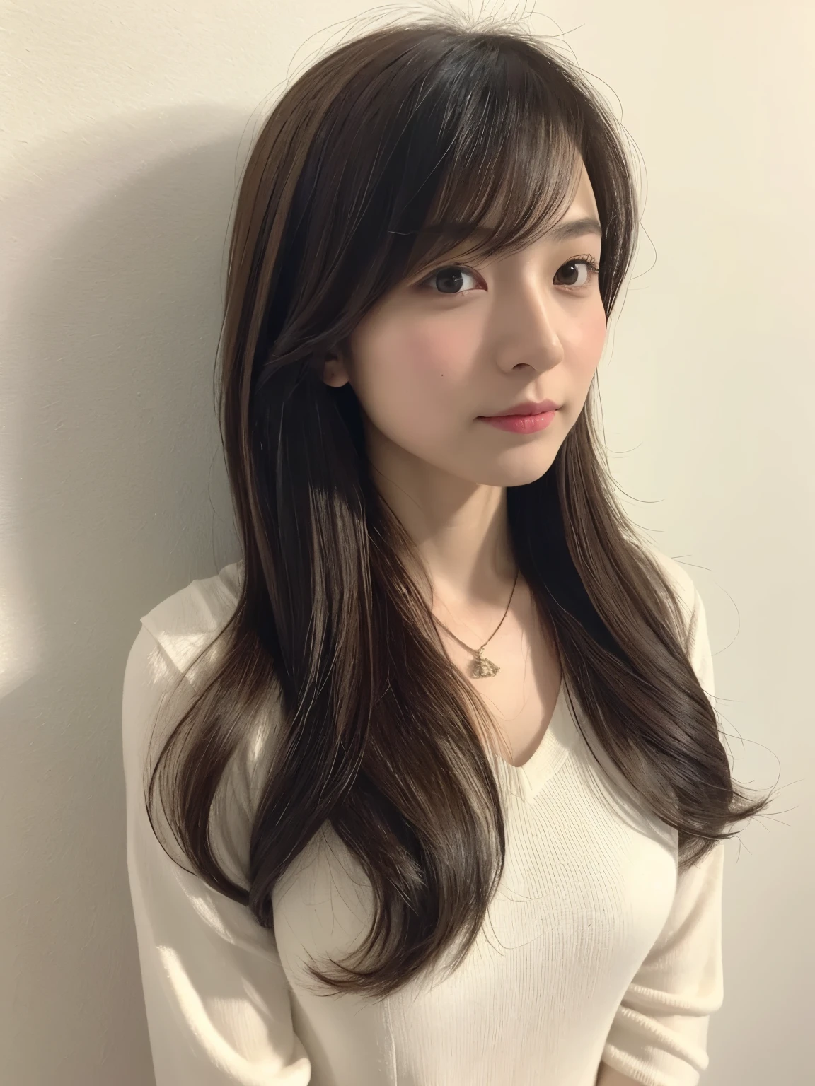 (Highly realistic photos, High resolution, detailed face, fine eyes), ((Taken in front of a white wall))、japanese woman, 40 years old, various expressions, alone:1, slim figure, different hairstyles, casual clothes, Only one person appears in the photo、long sleeve dress、Photographed in natural light、simple necklace、spring clothes、don't look at the camera、profile、dark brown hair color、bob hair、Hands are not visible、Photographed indoors、warm fluorescent lights、((single eyelid))、simple face、old-fashioned face