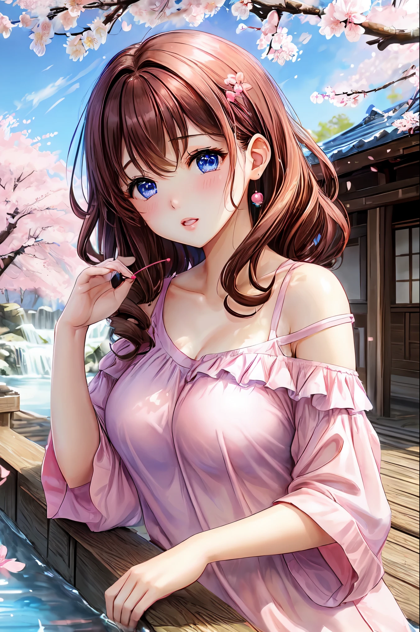 One female、brown hair、curly hair、blue eyes、dense lips、pink t-shirt、off shoulder、beautiful breasts、slouch、hot spring town、crowded、cherry blossoms、cherry blossoms吹雪、sunlight、masterpiece、ultra high resolution、perfect lighting、16K