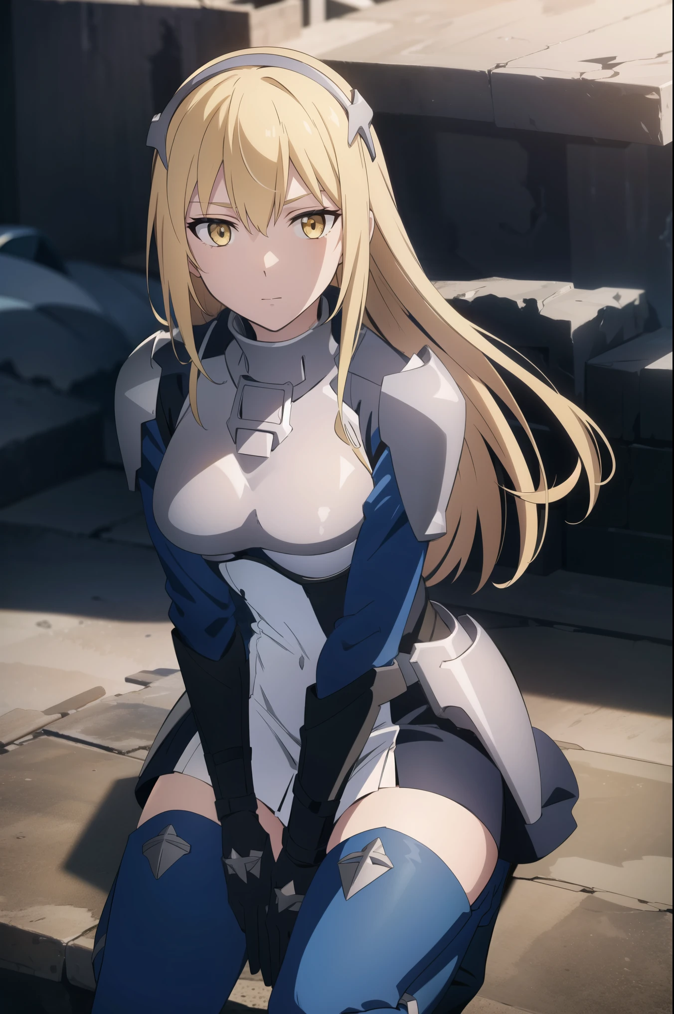 aizwallenstein, aiz wallenstein, blonde hair, hair between eyes, hairband, long hair, (yellow eyes:1.5), sidelocks,
BREAK armor, black gloves, blue footwear, blue thighhighs, boots, breastplate, covered navel, dress, gauntlets, gloves, headgear, knee pads, long sleeves, multicolored clothes, multicolored dress, taut clothes, taut dress, thigh boots, thighhighs,
BREAK looking at viewer,
BREAK outdoors, city,
BREAK (masterpiece:1.2), best quality, high resolution, unity 8k wallpaper, (illustration:0.8), (beautiful detailed eyes:1.6), extremely detailed face, perfect lighting, extremely detailed CG, (perfect hands, perfect anatomy),