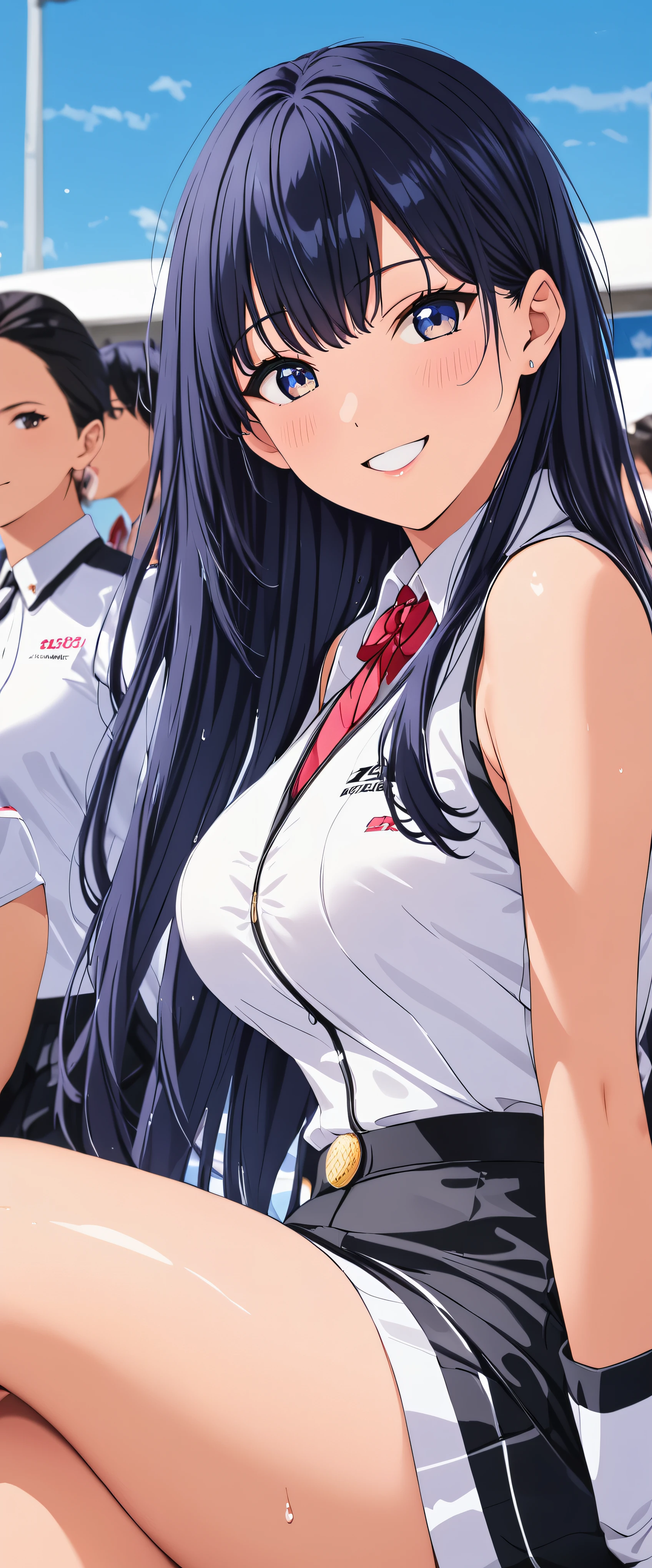 1 female,black hair,14 years old,(((Shiny race queen uniform with exposed navel)))(((blush、open mouth smile)),(((straight hair))),(((portrait))),crowd,,(wet with sweat)(leather thigh high boots)(((beautiful breasts)))((sit))