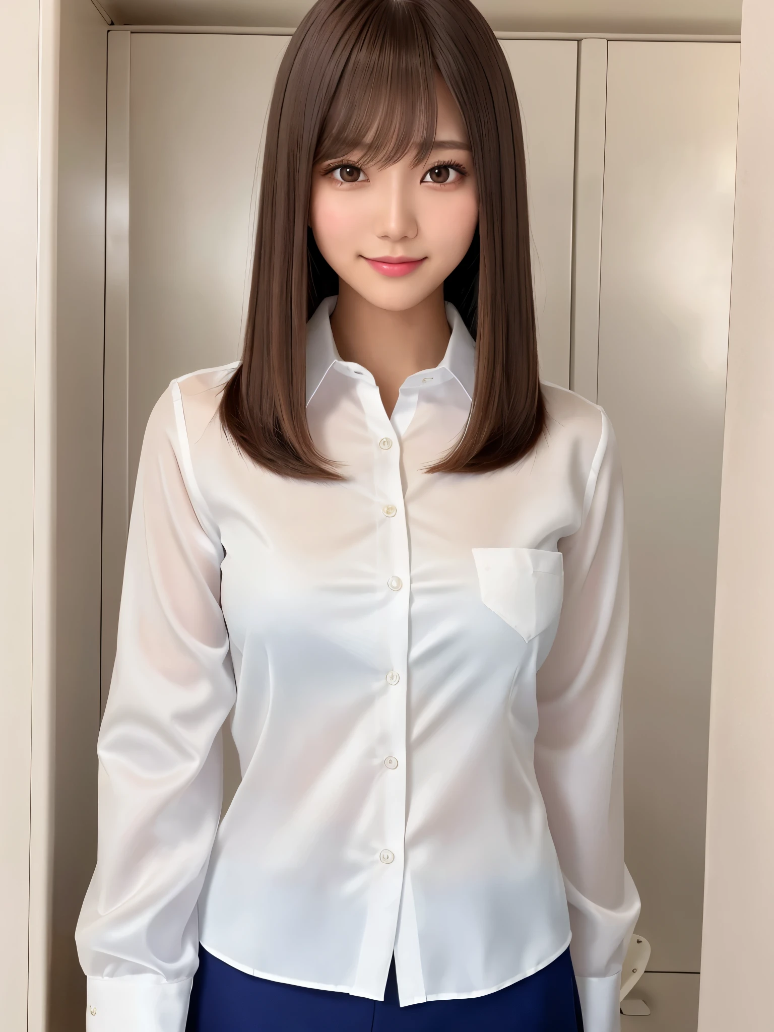 product quality, 1girl, upper body shot, front view, a Japanese young pretty girl, long bob hair, standing with a big smile in a high school locker room, glamorous figure, wearing a white collared shiny satin shirt of long sleeves over white silk panties, hyper cute face, glossy lips, double eyelids in both eyes, natural makeup, long eyelashes, shiny smooth light brown long bob hair, asymmetrical bangs, a tanned skin, central image, high resolution, high detail, detailed hairstyle, detailed face, spectacular cinematic lighting, octane rendering, vibrant, hyper realistic, perfect limbs, perfect anatomy