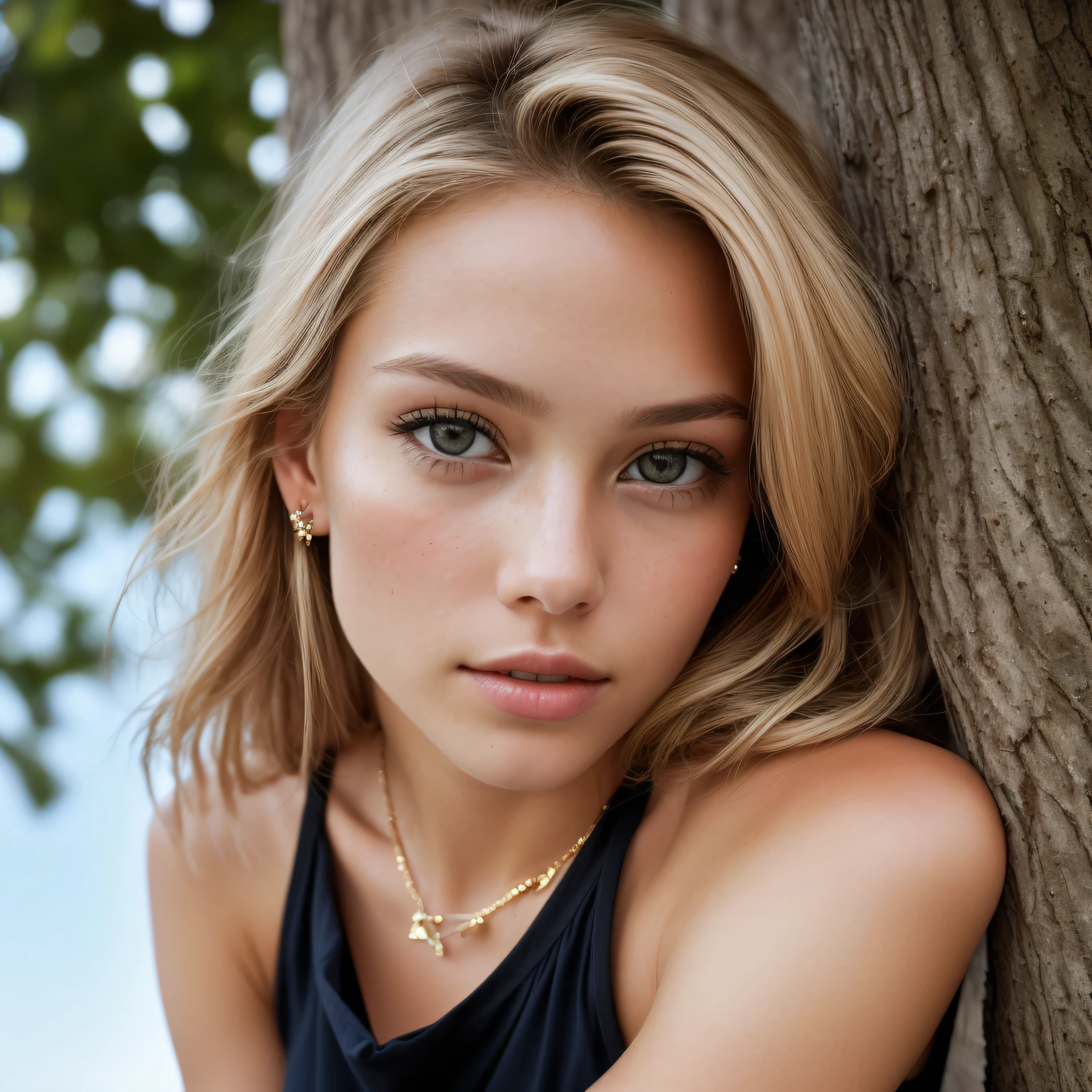 1girl in, (body view, front view: 1.4), (straight full of the body: 1.4), RAW UHD portrait photo of a 19-year-old blonde (brown-eyed woman) blond hairbl, Bare shoulders, full bodyesbian, cleavage, a necklace, sitting on the beach, oak trees, (skirt), (neckline), details (textures! , hair! , glitter, color!! , disadvantages: 1.1), glossy eyes with high detail (looking at the camera), light pole, specular lighting, Lecia M6, film, ultra-quality, sharpness, depth of field, film grain (center),Top Quality, masterpiece, extra high resolution, crystal clear, frame center, beautiful face, sharp focus, street lamp, unique lighting, bokeh (dimly lit), night, (day sky), detailed skin pores, oily skin, sunburn, complex eye details, full body, colossal tist, breast_c, golden ration, low angle wide shot