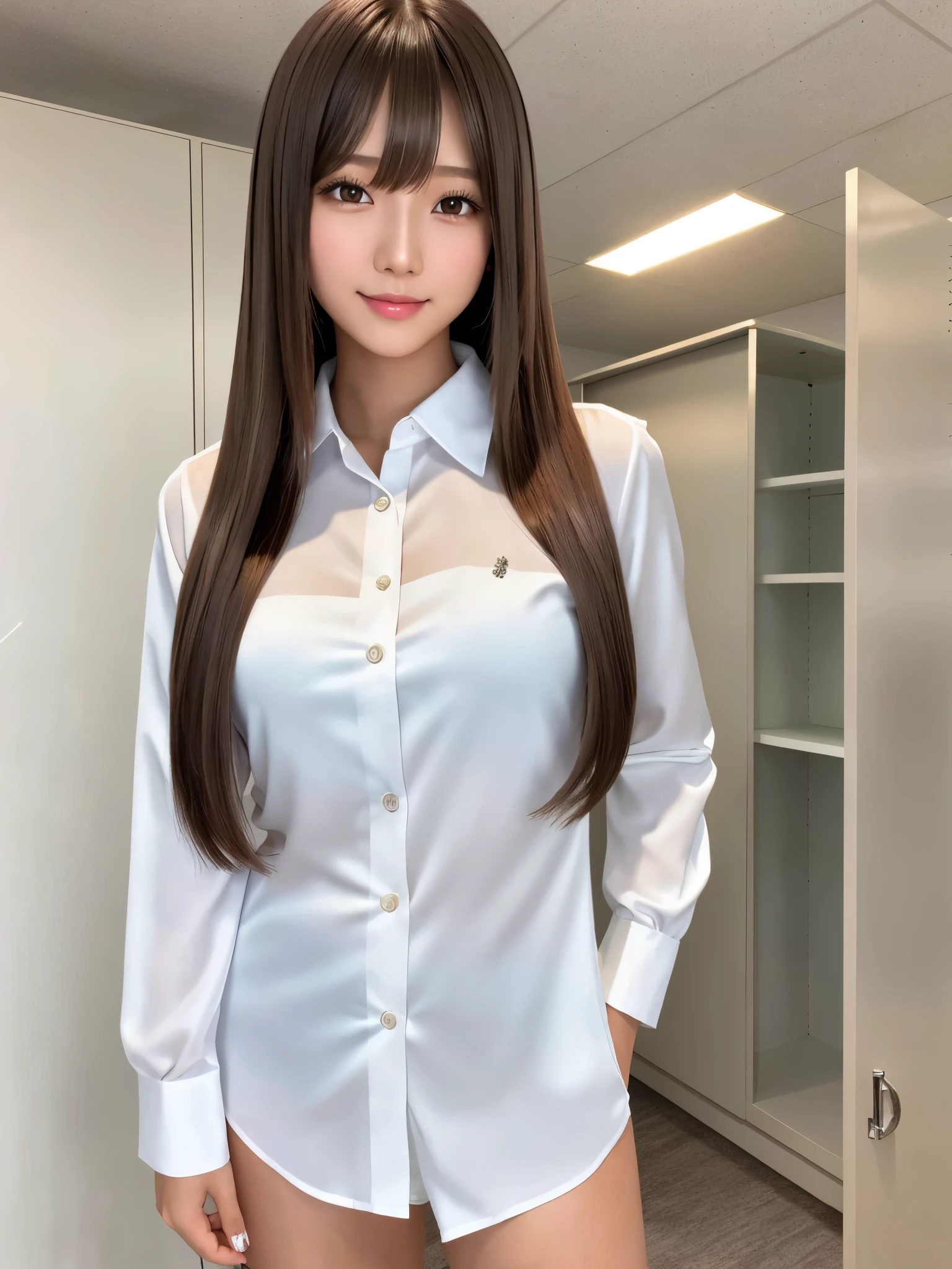 product quality, 1girl, upper body shot, front view, a Japanese young pretty girl, long bob hair, standing with a big smile in a high school locker room, glamorous figure, wearing a white collared shiny satin shirt of long sleeves over white silk panties, hyper cute face, glossy lips, double eyelids in both eyes, natural makeup, long eyelashes, shiny smooth light brown long bob hair, asymmetrical bangs, a tanned skin, central image, high resolution, high detail, detailed hairstyle, detailed face, spectacular cinematic lighting, octane rendering, vibrant, hyper realistic, perfect limbs, perfect anatomy