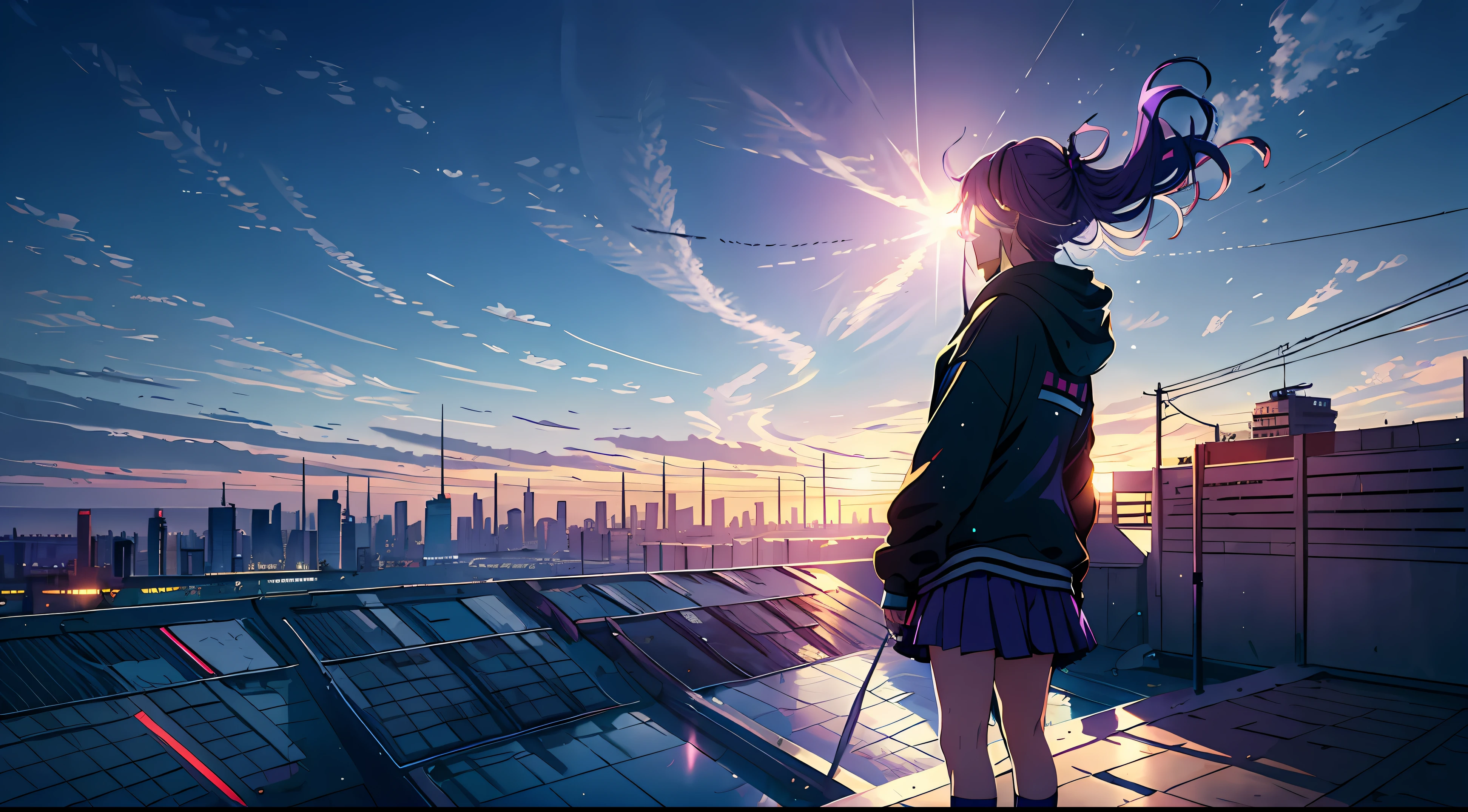 1 girl, purple long hair, Modern hoodies, skirt, Converse Shoes, modern city, At the edge of the roof with a view of the sky, noon, sun, blue sky, cloud, (taken from behind)), Low - Angle, volumetric light, 8k, highest quality, sharp, detailed, moon and sun