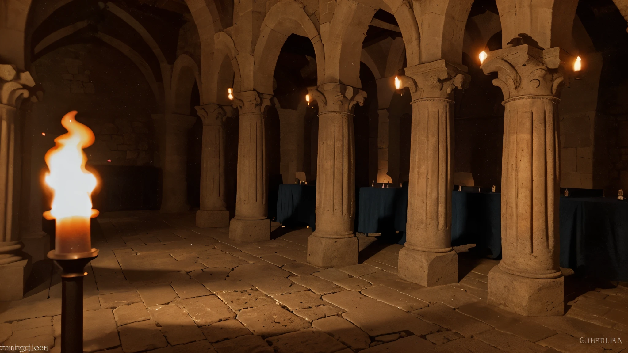 Medieval scene with pillar torches on