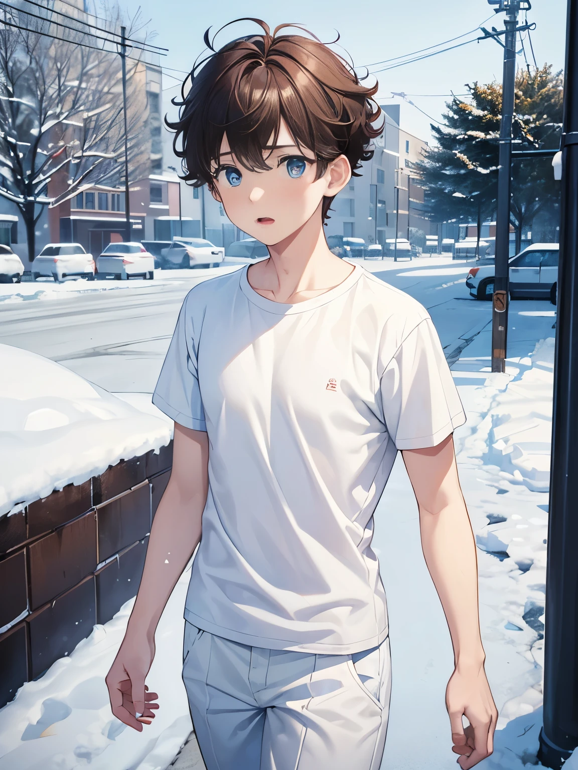 1boy,guy,walk in the north pole,snowing,Panic expression, shocked expression, hysterical expression,blue eyes,half body photo,18 years old,Curly hair,medium hair,undercut hairstyle,light brown hair,Plain t-shirt, white t-shirt,white trousers,morning,ultra detail,masterpiece