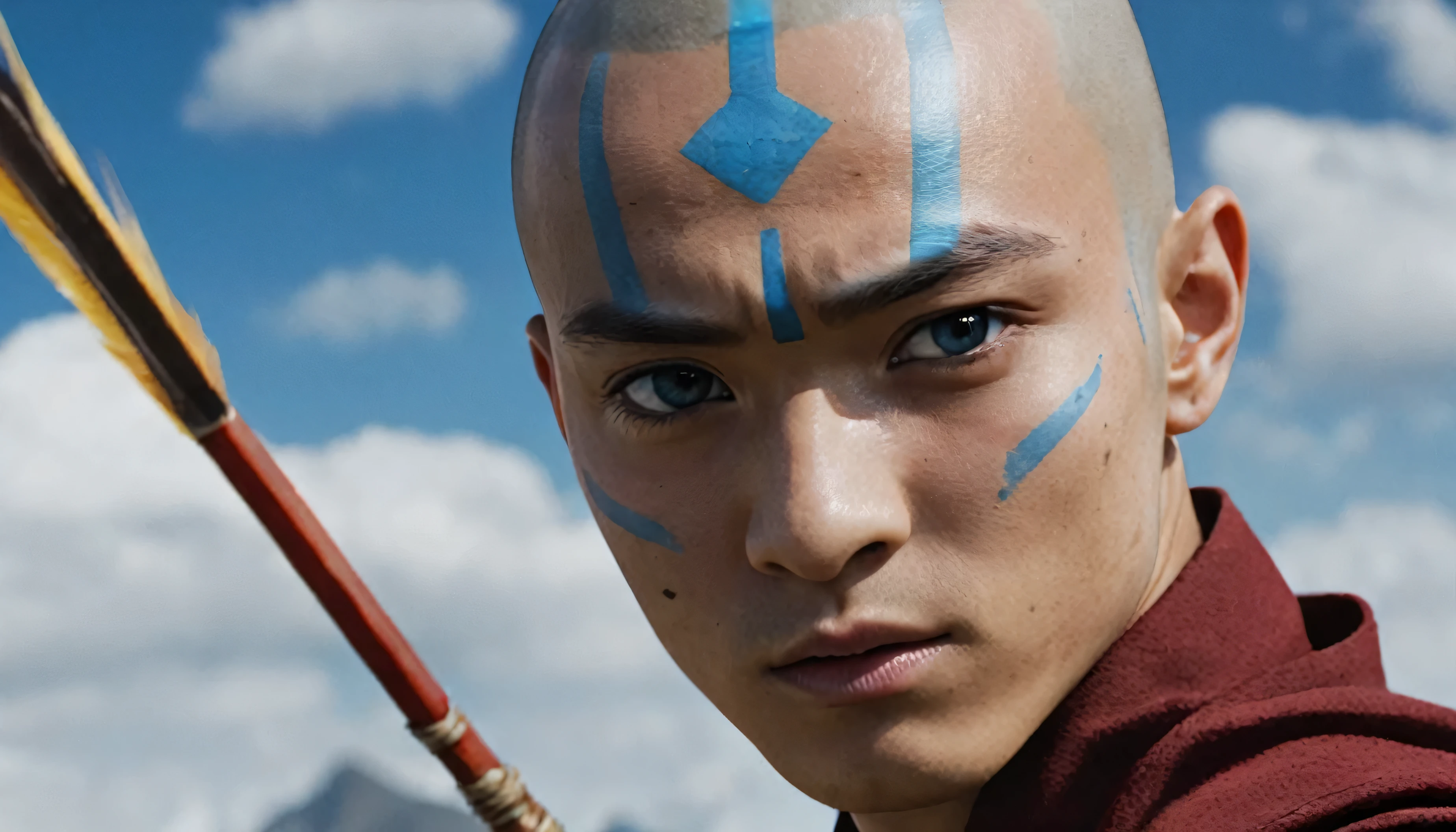 Make a realistic representation of Aang, o ultimo mestre do Ar, com a seta azul na testa, showing his mastery of all bending elements while in the powerful Avatar state. ultra detalhado, High definition, 8K