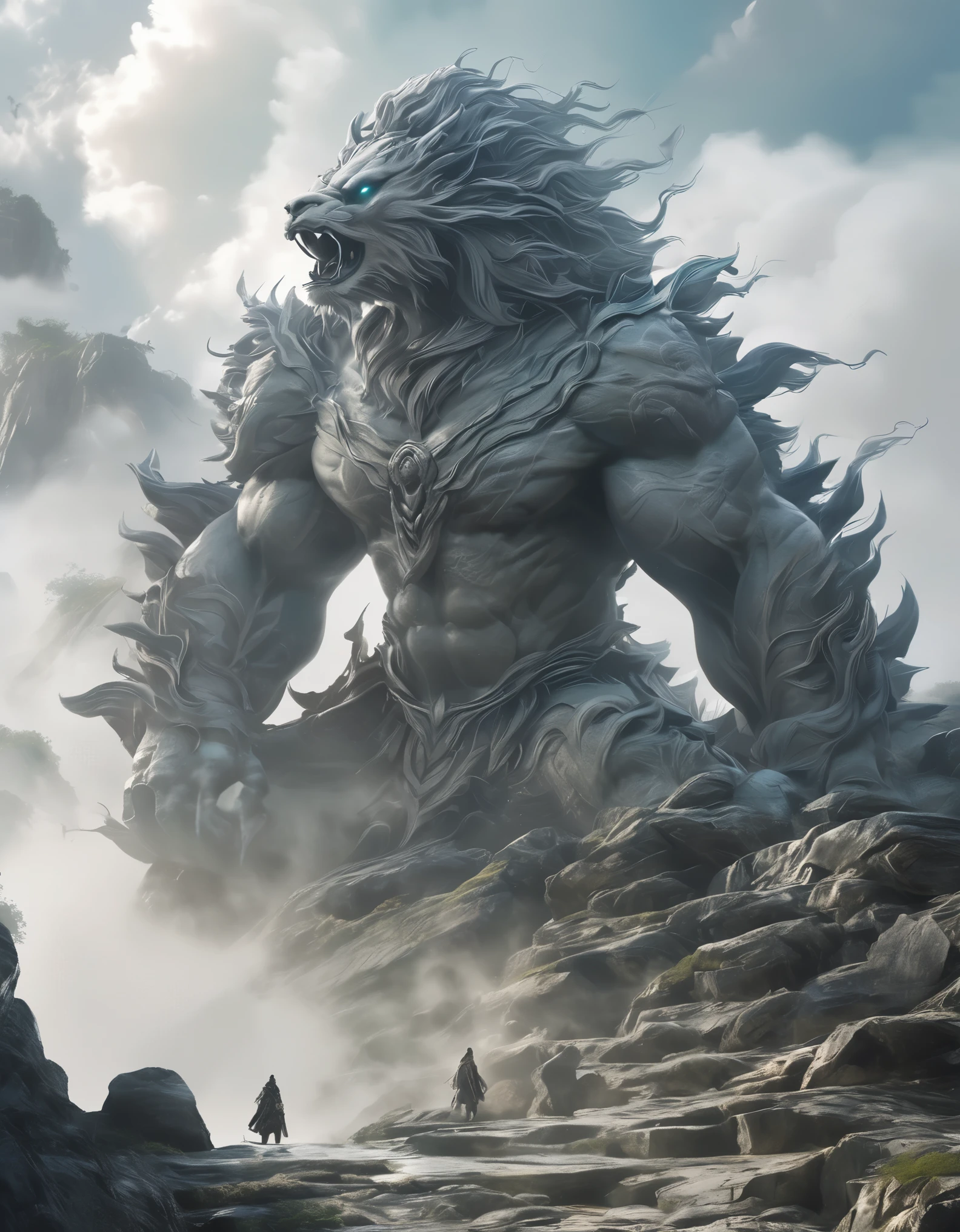 masterpiece，Super cool magical creatures，giant made of stone，roar，Violent and cruel，Tall and mighty，petrified skin，thick limbs，在丛林中穿梭fighting，fighting，Random light and shadow，Glowing special effects，minimalist style，mist，（full body portrait:1.4），European and American fantasy style，Perfect，，highlight，bright colorful shades，Ink background，OC renderer，best picture quality，high resolution，dynamic perspective