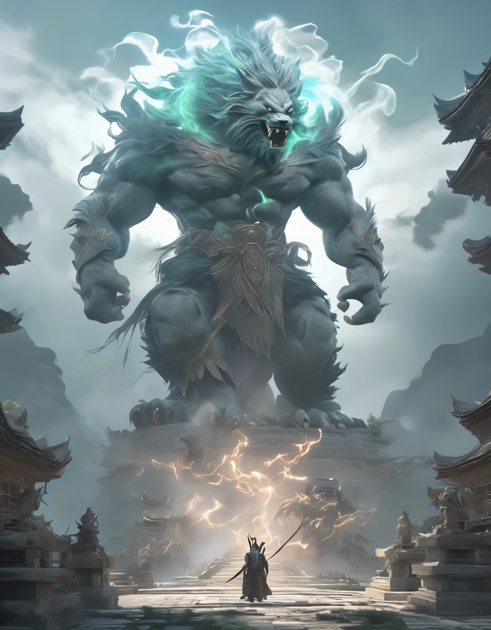 masterpiece，Super cool magical creatures，giant made of stone，roar，Violent and cruel，Tall and mighty，petrified skin，thick limbs，在丛林中穿梭fighting，fighting，Random light and shadow，Glowing special effects，minimalist style，mist，（full body portrait:1.4），European and American fantasy style，Perfect，，highlight，bright colorful shades，Ink background，OC renderer，best picture quality，high resolution，dynamic perspective