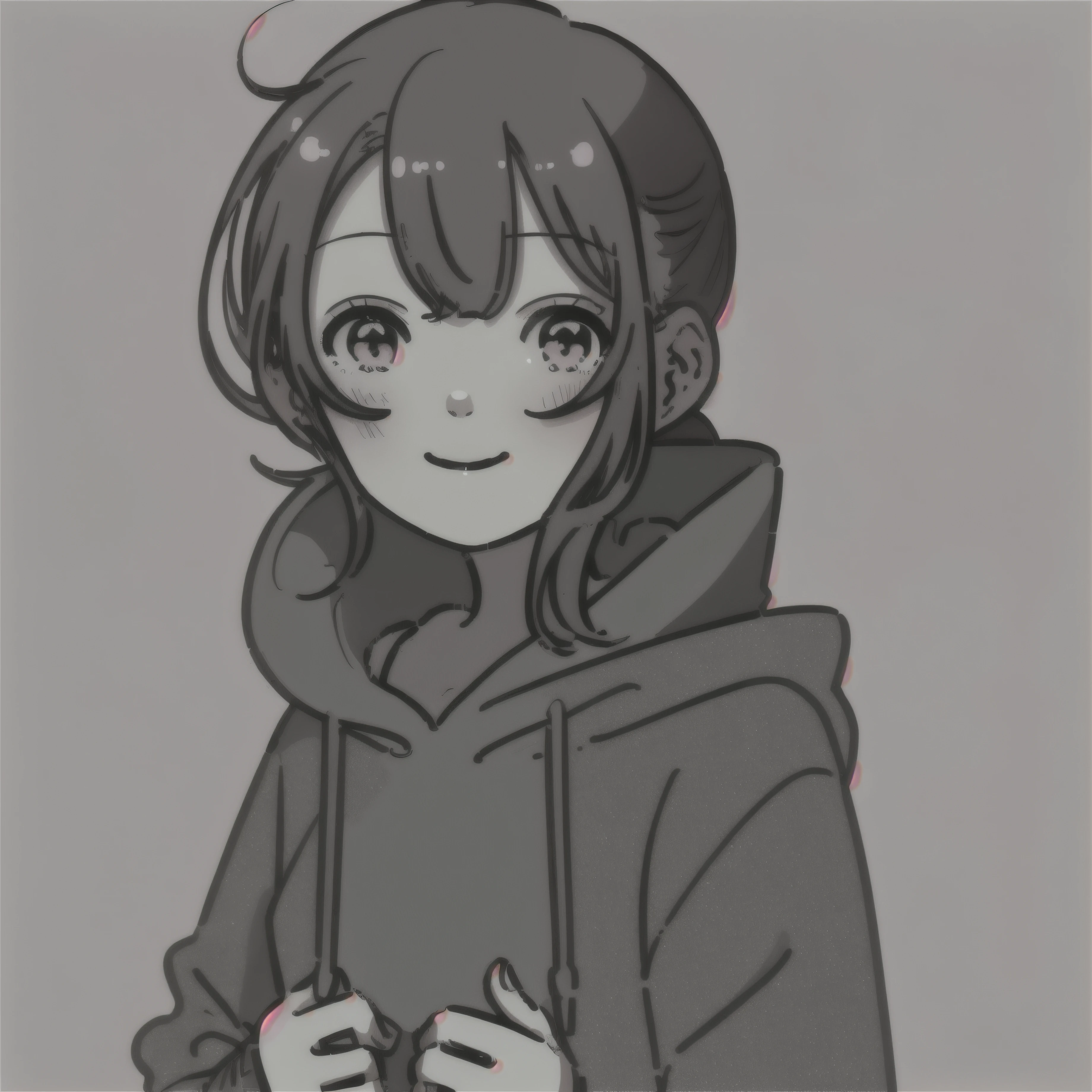 (((ponytail))),(Fuuka_Kobayashi:1.0), drawing, Alternative hair colors, blush, (gray hoodie:1.2), long hair, pink eyes, pink hair, smile, pink background